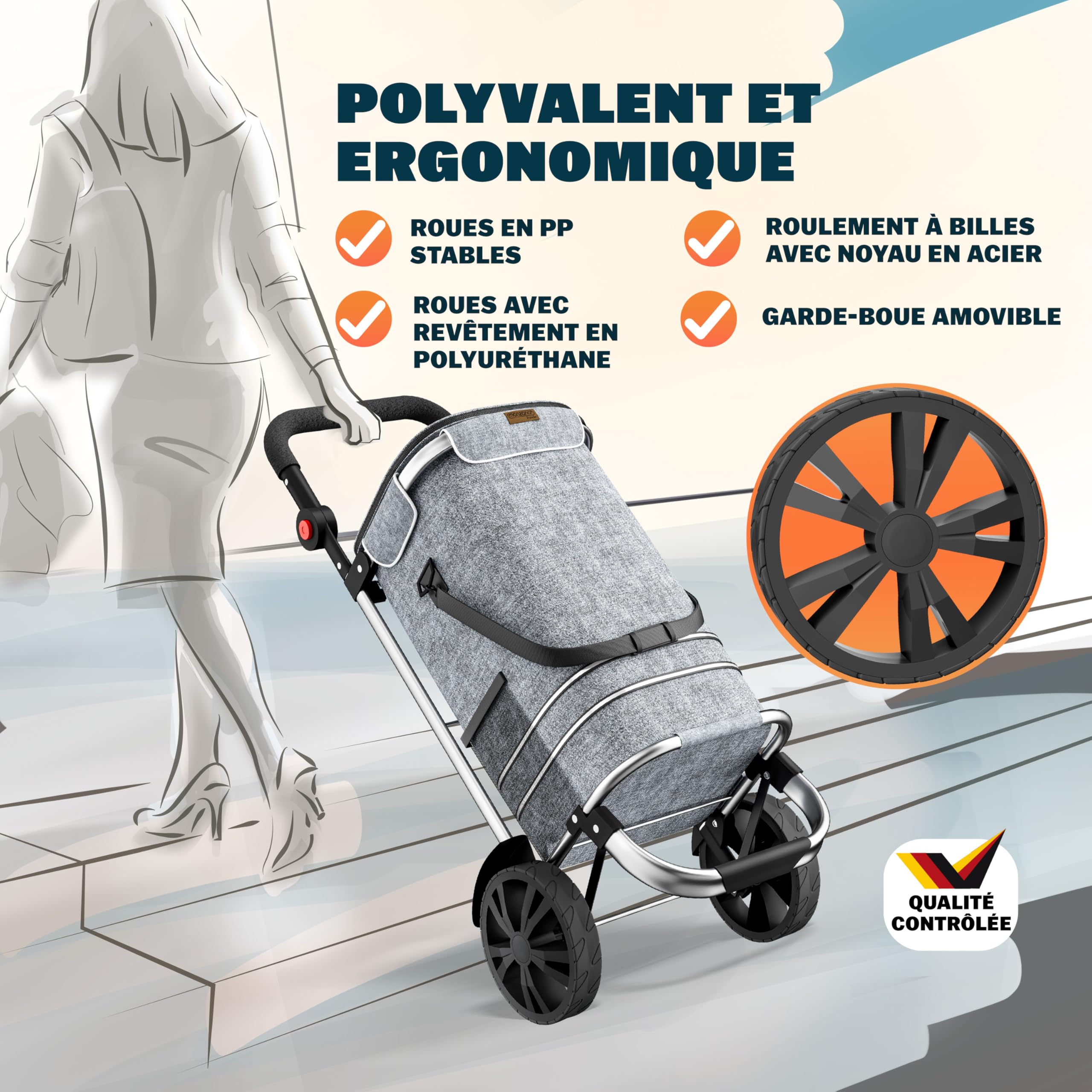 MONZANA® Chariot de courses gris 56 litres 3en1 pliable compartiment isotherme poignée réglable bandes réfléchissantes