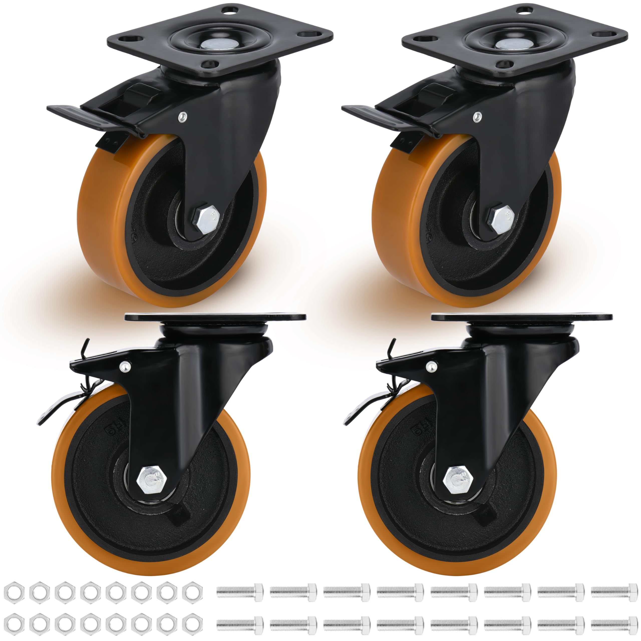 Nfbcxutkw 4 5 Inch 3000Lbs Caster Set Of Heavy Duty Caster Wheels Metal Casters Swivel Casters With Brake Industrial Grade Steel Hub Pu Non Marking Castor Wheels For Cart Furniture Workbench