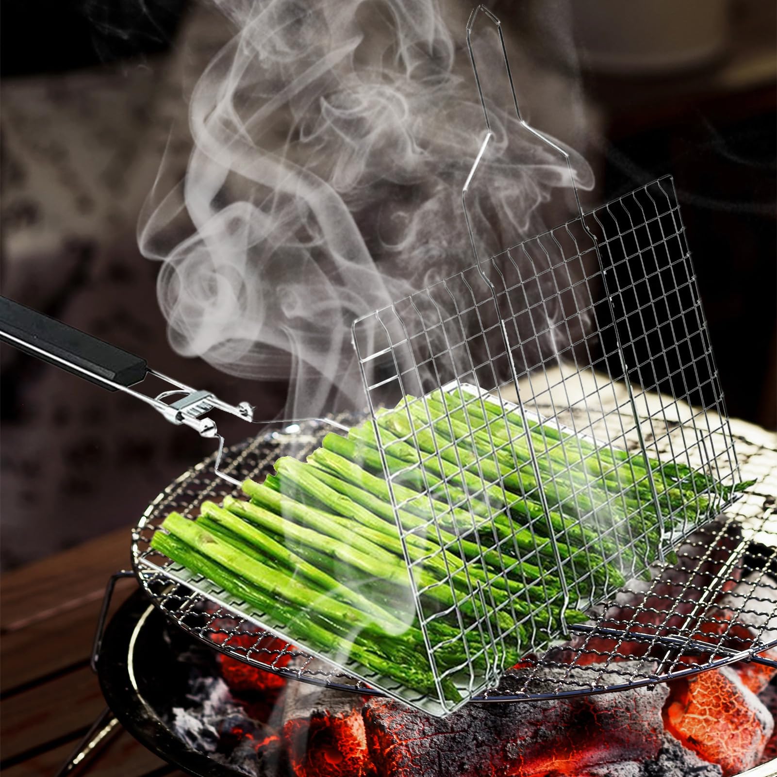Grill Basket - BBQ Grilling Basket | Stainless Steel Camping Cooking Grill Accessories | Outdoor Grilling Basket | Stainless Steel Folding Grilling Tools With Handle For Fish Steak Shrimp Cooking