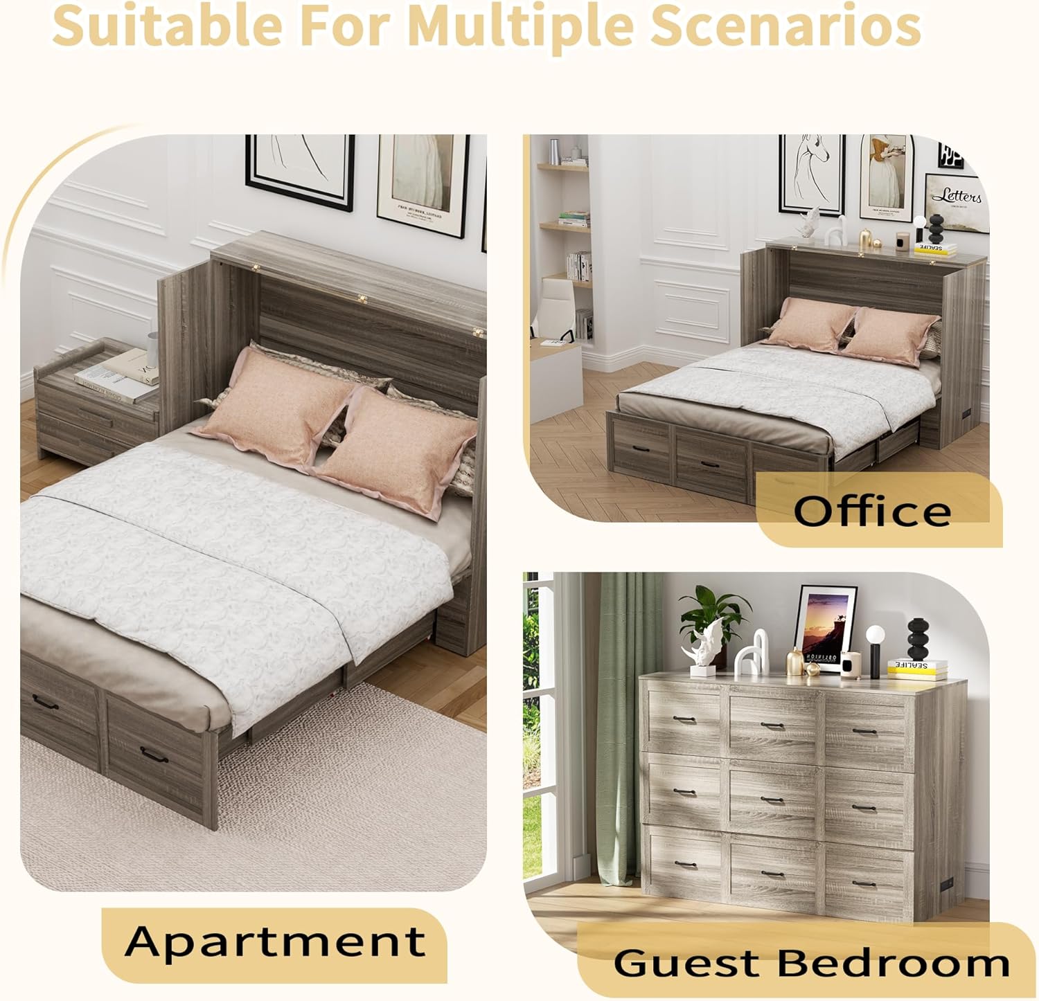 Full Size Murphy Bed with Charging Station and Drawer Farmhouse Cabinet Bed Wood Space-Saving Hidden Folding Platform Bed Chest for Home Office Bedroom Guest Room Apartment,Gery