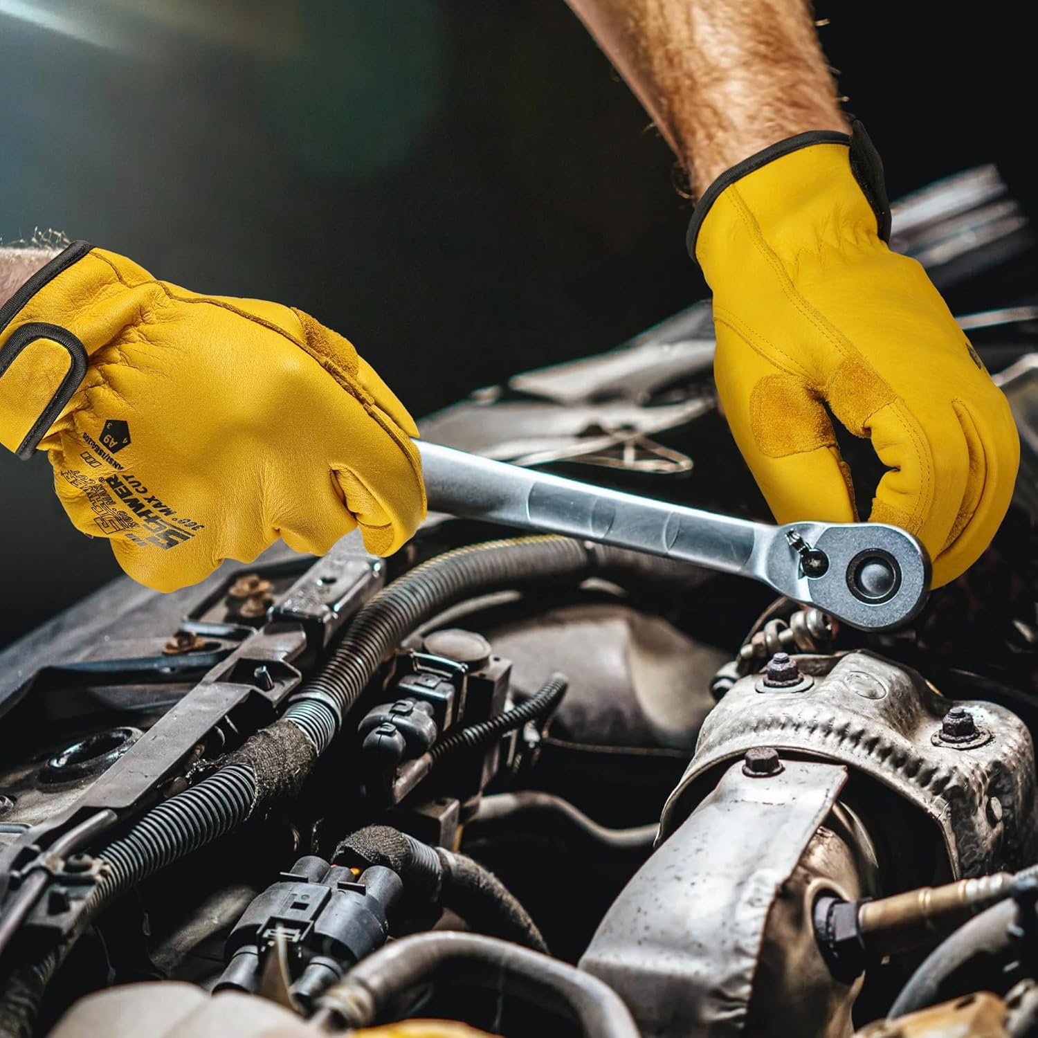 Schwer ANSI A9 Cut Resistant Leather Work Gloves, PM3401 Cut Proof Gloves, Reinforced Fingertips & Palm Cowhide Work Gloves for Construction, Metalwork, Woodworking & Outdoor Gardening Work, L - Image 7