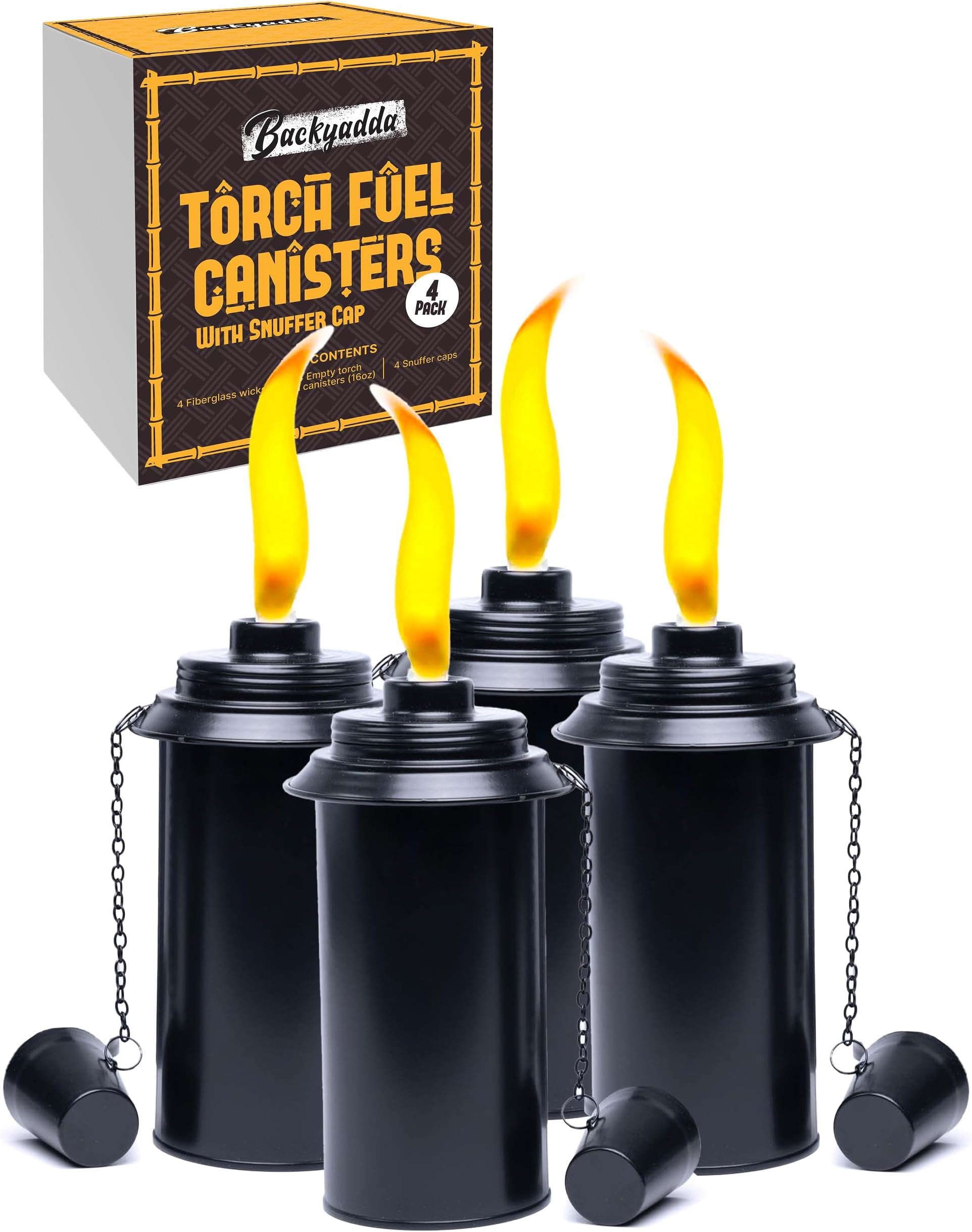 Torch Replacement Canisters (16 oz). Compatible with Tiki Torches. Easy Fill Opening. 4-Pack Standard Metal (With Caps)