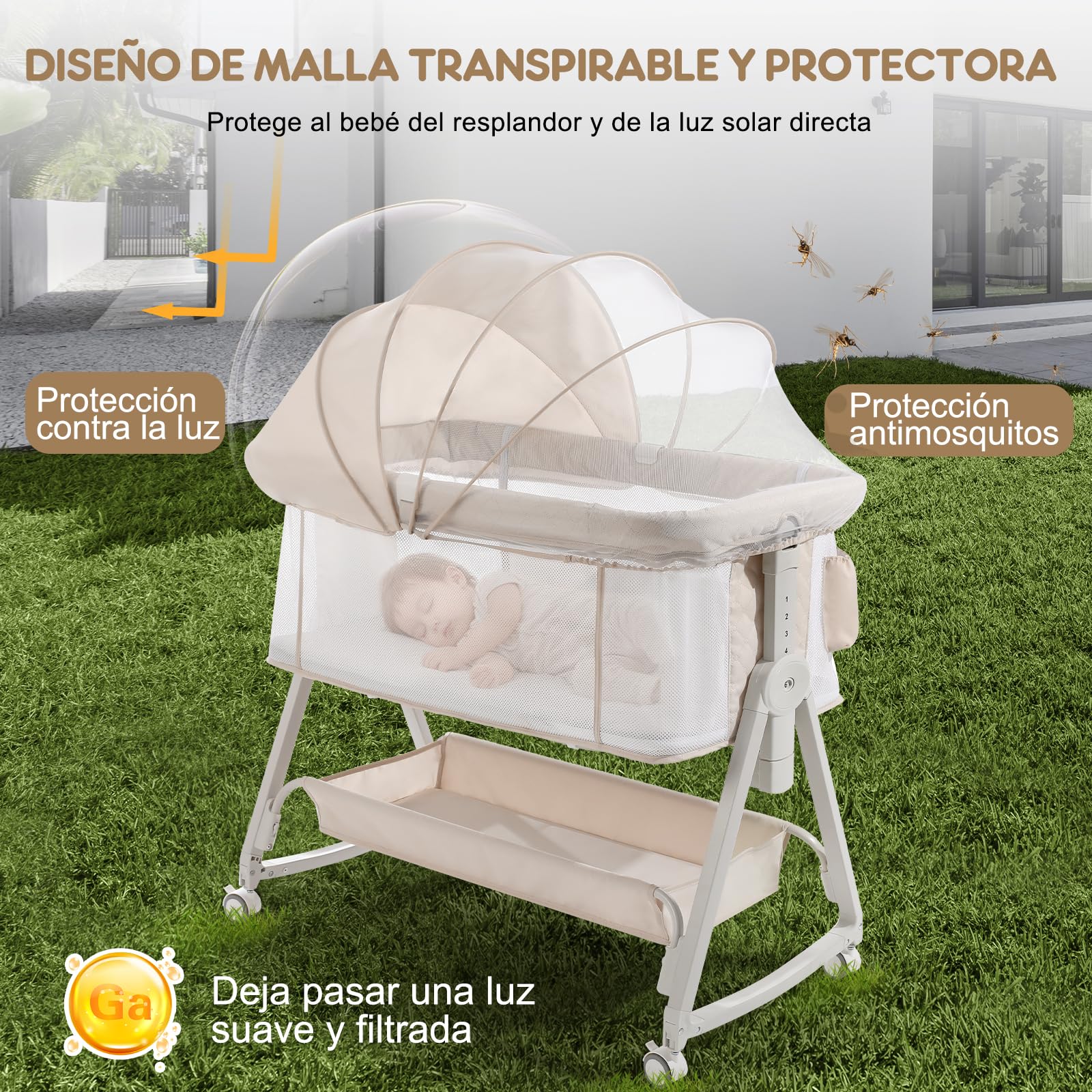 Cuna Colecho 4 en 1 para Bebé, 6 Alturas Ajustables, Moisés con Ruedas, Cuna Portátil con Malla Transpirable, para Recién Nacidos 0–12 Meses, Beige