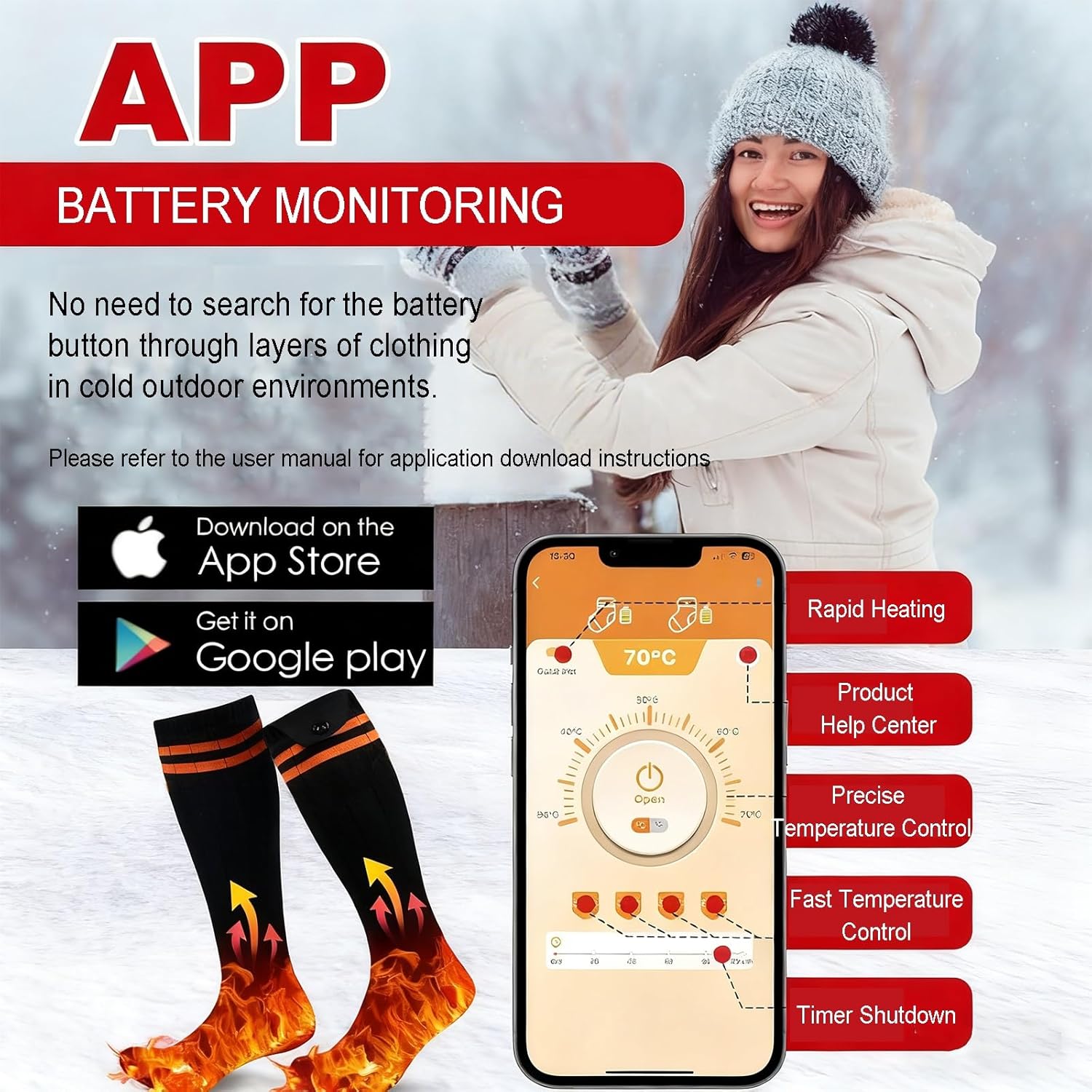 Heated Socks for Men Women,APP Control,5V 5000mAh Rechargeable Battery Heating Sock, 4 Temperature Adjustable,Heated Ski Socks for Cyclists Snowboarding Camping Work Cycling Walking