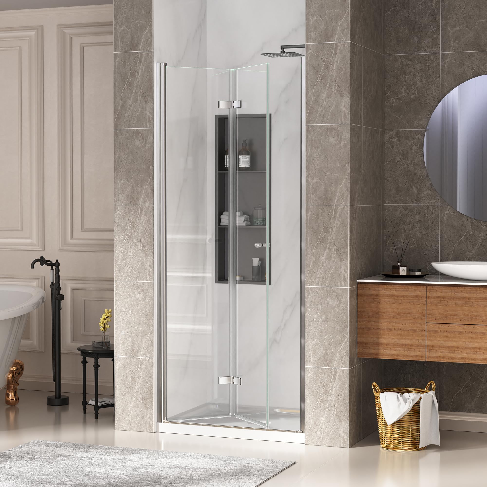 ELEGANT 36x72 Bi-Fold Pivot Frameless Shower Door – Chrome Finish, Tempered Glass