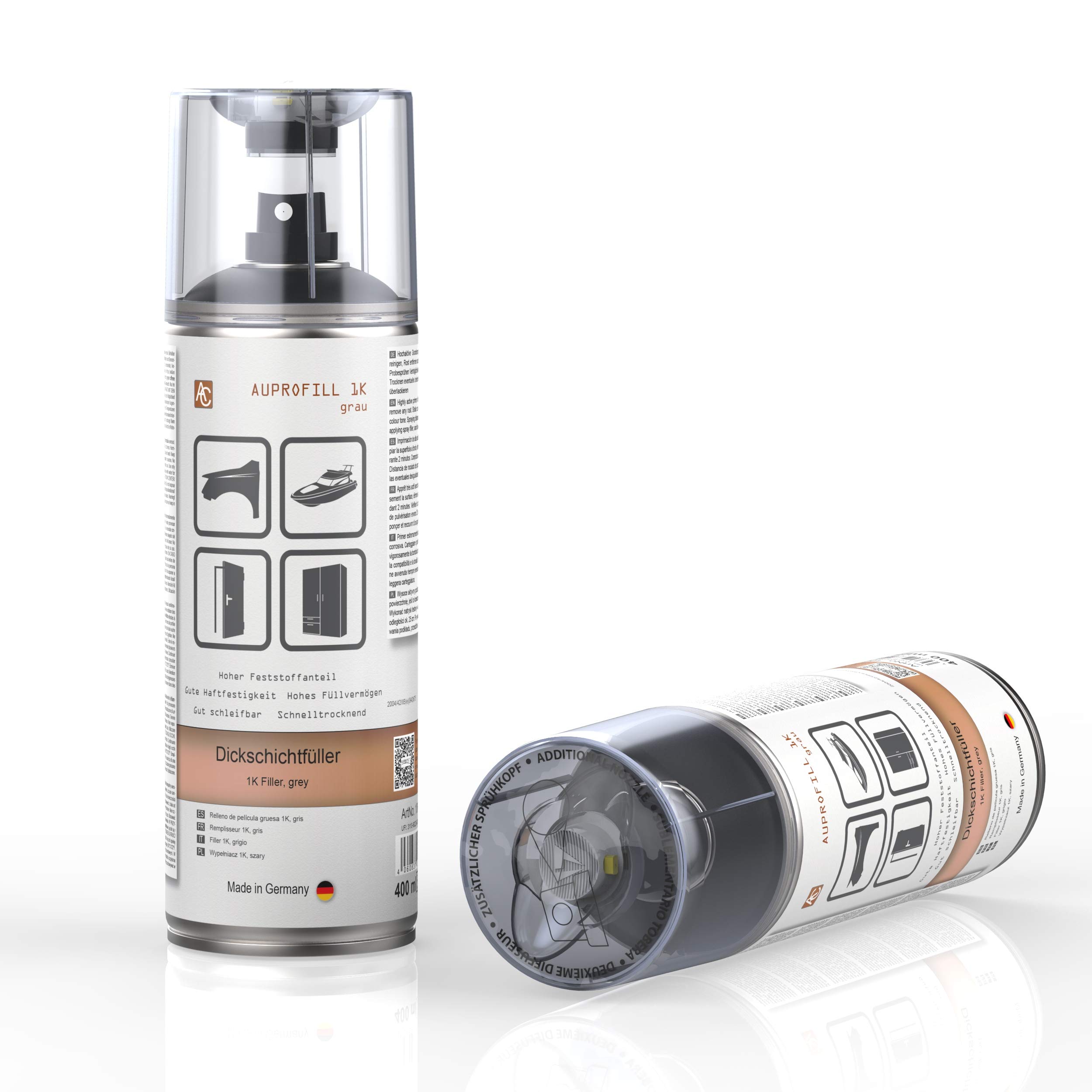 AUPROTEC Środek do wypełniania grubych warstw AUPROFILL 1K Filler podkład do lakieru samochodowego Primer Spray szary 6 x 400 ml