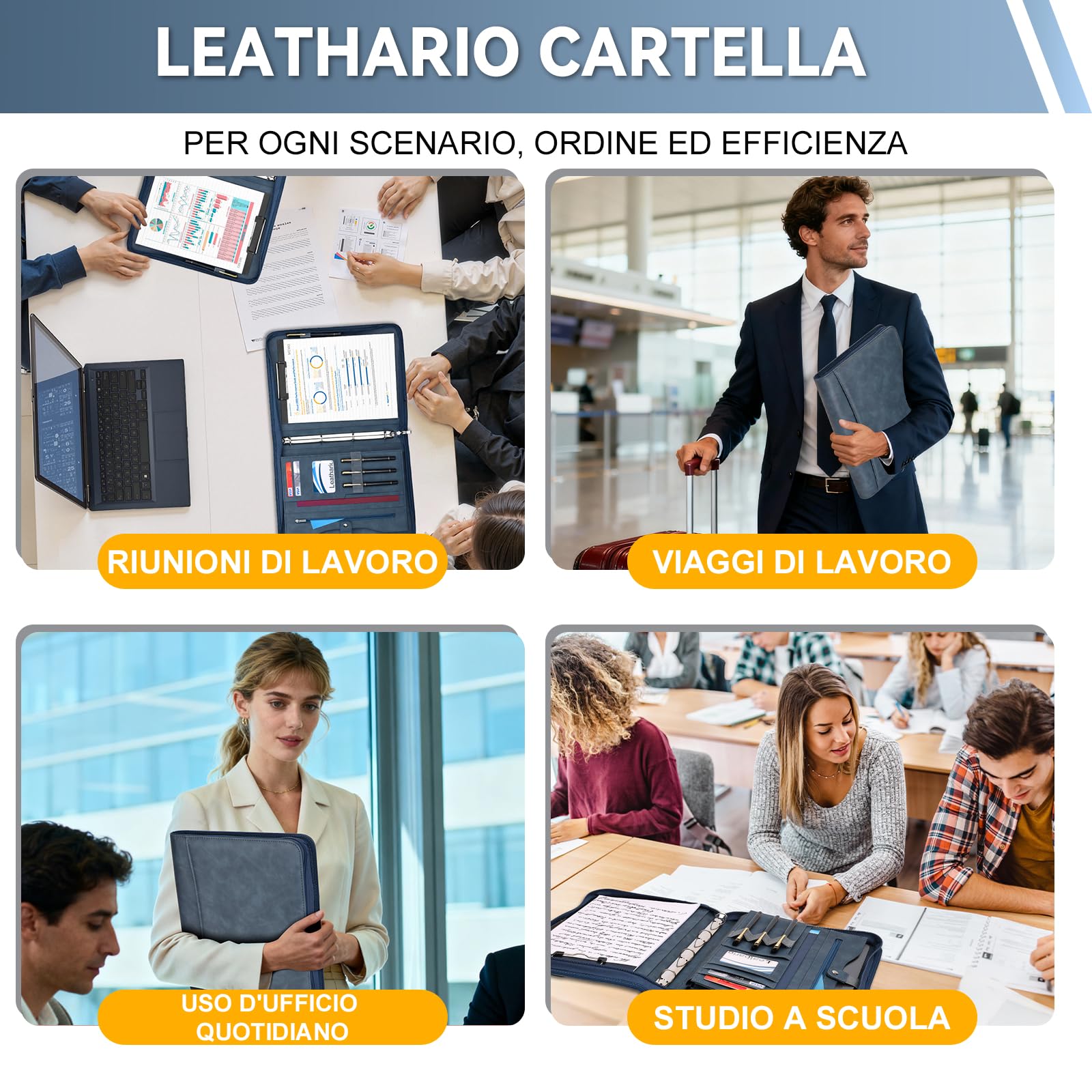 Leathario Cartellina Portadocumenti A4 con Cerniera, Organizer 10 Buste Trasparenti, Raccolgitore ad Anelli, Portadocumenti da Viaggio per Ufficio