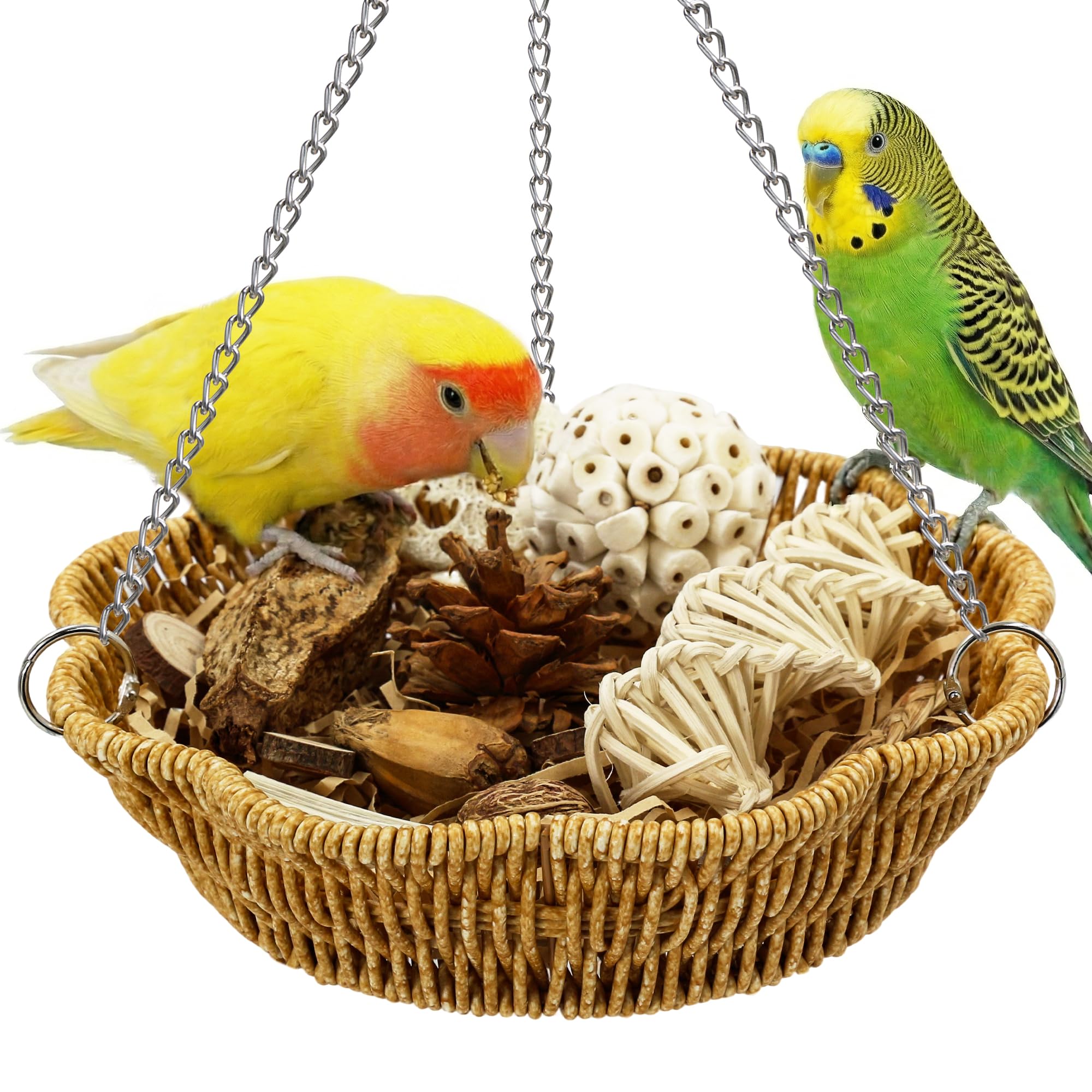 20Pcs Bird Foraging Toy Set with Hanging Basket, Natural Shredding & Chew Enrichment Toys for Parrots Cockatiels, Budgies, Parakeets, Cage or Floor Puzzle Foraging Toys for Mental Stimulation