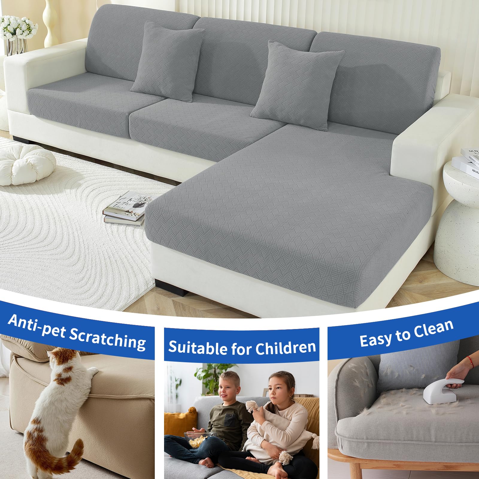 Ystyle Copriseduta Divano Elasticizzato, Copri Cuscino Divano Penisola, Coprisedile Divano, Copricuscini Per Divani, Antiscivolo Antigraffio Copricuscini Divano (Chaiselongue, Grigio Chiaro)