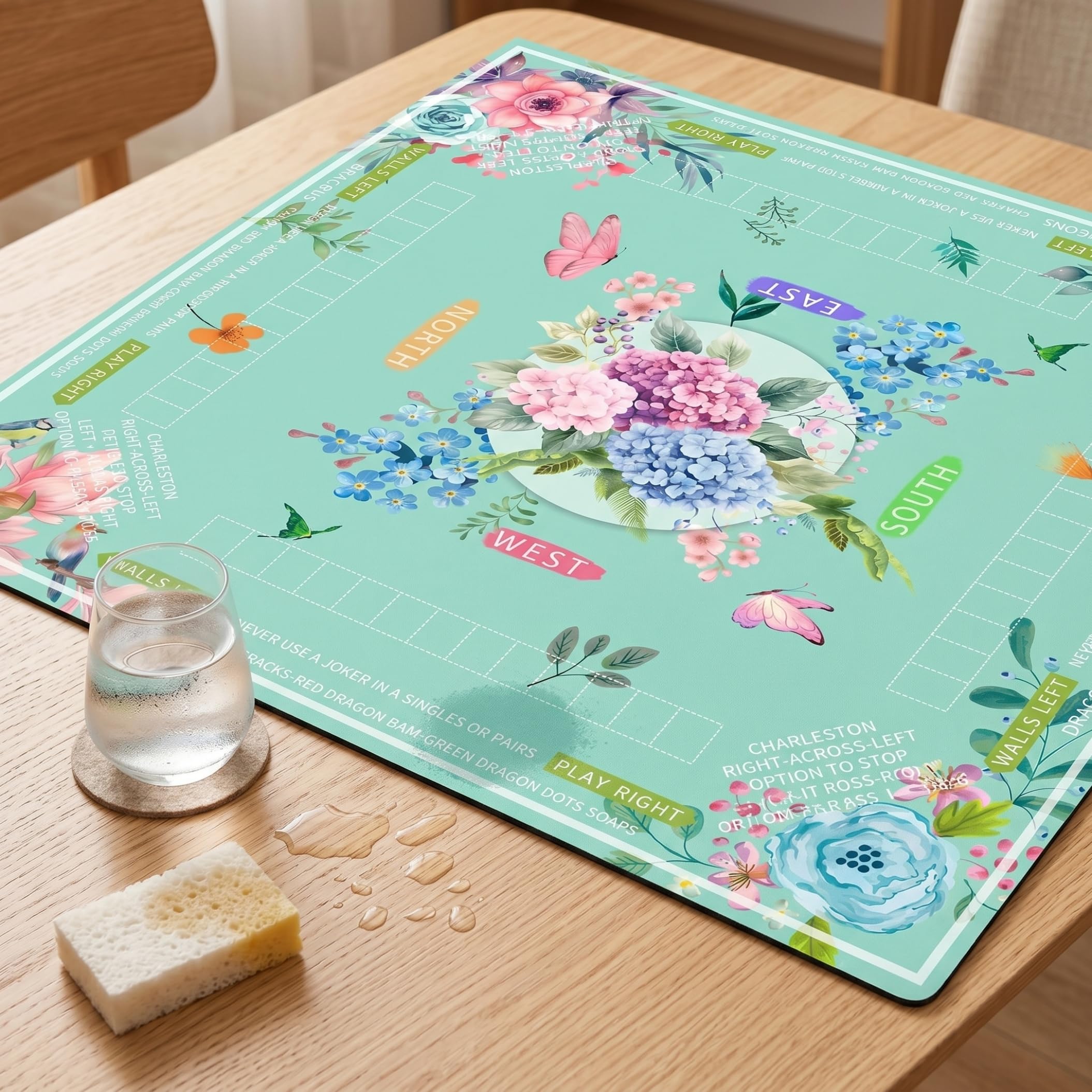 Mahjong-Matte für Tisch, geräuschreduzierende und Faltbare Mah-Jongg-Matte, quadratische Mah-Jongg-Matten mit Blumenmuster, grün, 31, 5 x 31, 5 Zoll