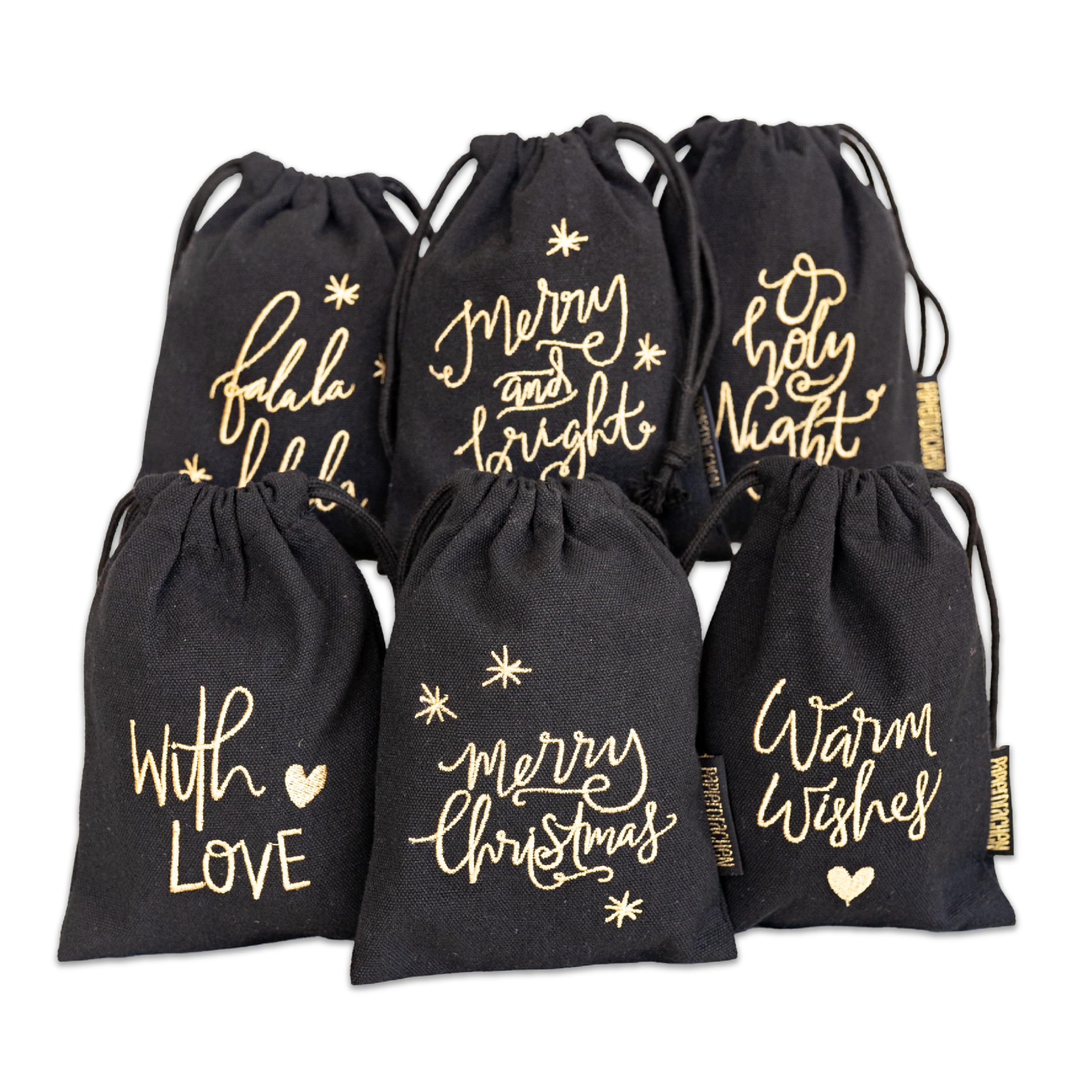 Papierdrachen Geschenksäckchen aus Stoff - 6 Stück 13 x 18 cm - schwarz mit goldener Stickerei - Beutel zum Befüllen - Verpackung für Weihnachten 2025