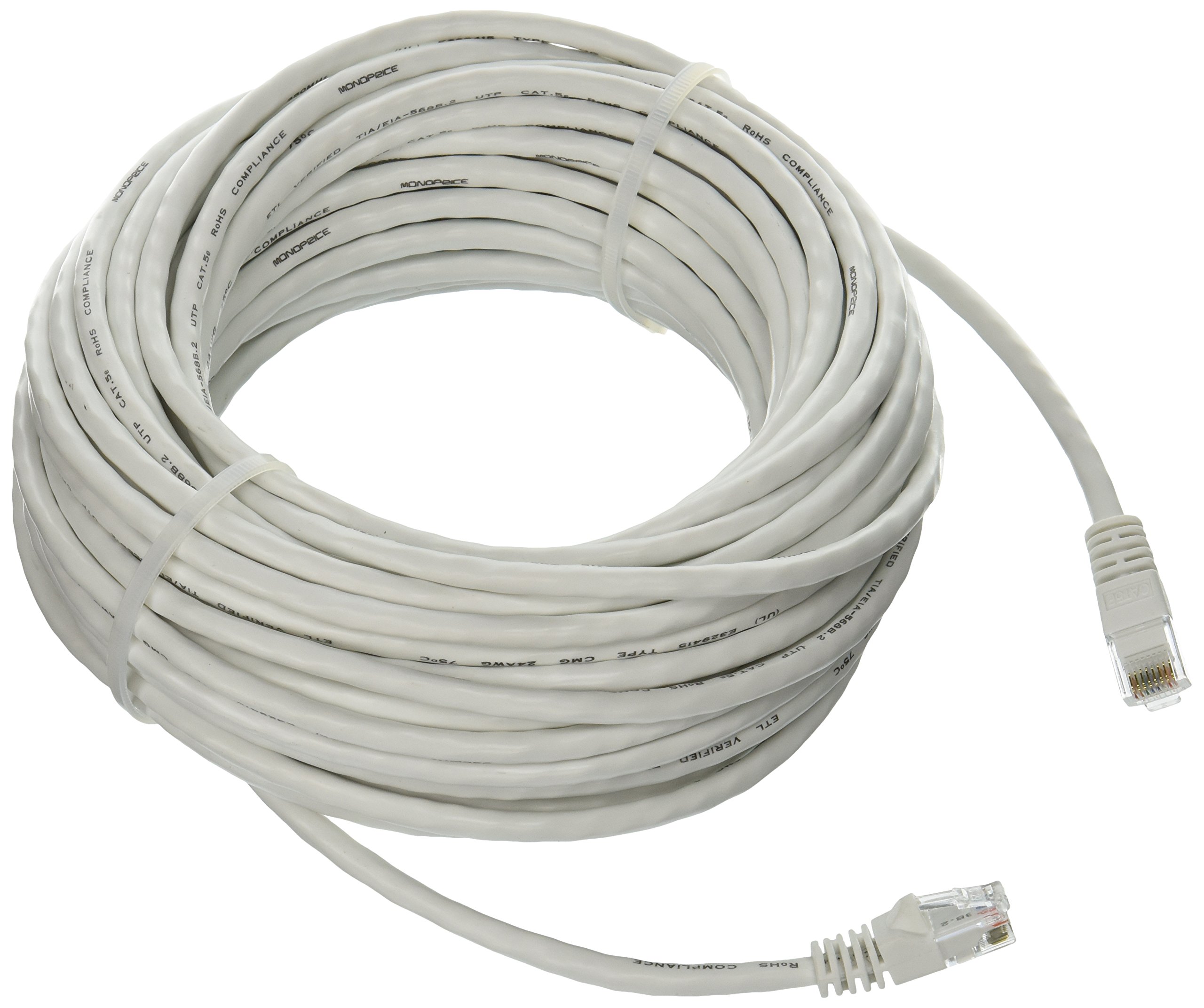 MonopriceCat5e Ethernet Patch Cable - 50 Feet - White | Network Internet Cord - RJ45, Stranded, 350Mhz, UTP, Pure Bare Copper Wire, 24AWG