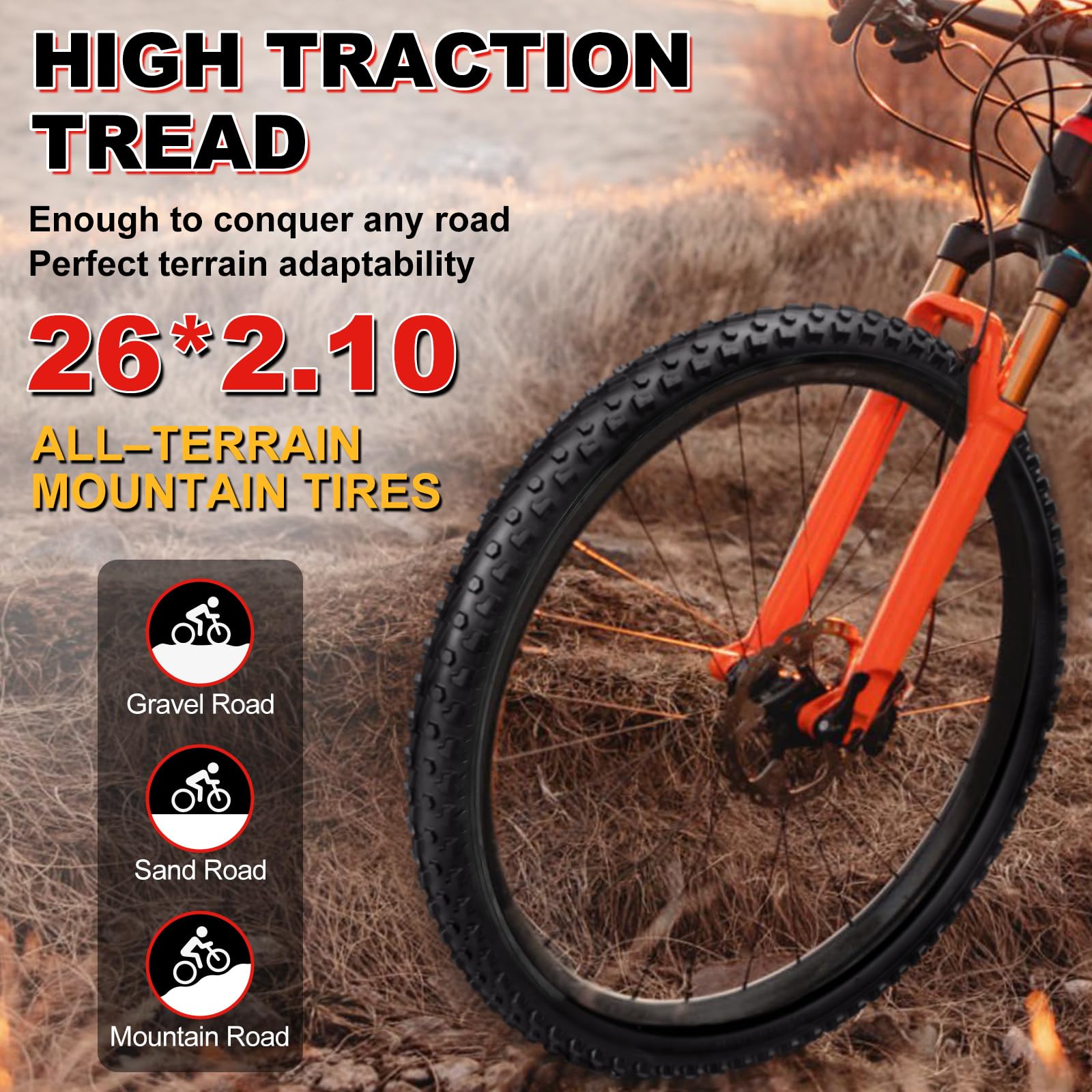 WHEELO Juego de neumáticos para bicicleta de montaña: paquete de 2 neumáticos de bicicleta plegables de repuesto de 26 x 2.1 pulgadas y par de tubos interiores de válvula Schrader con palancas de