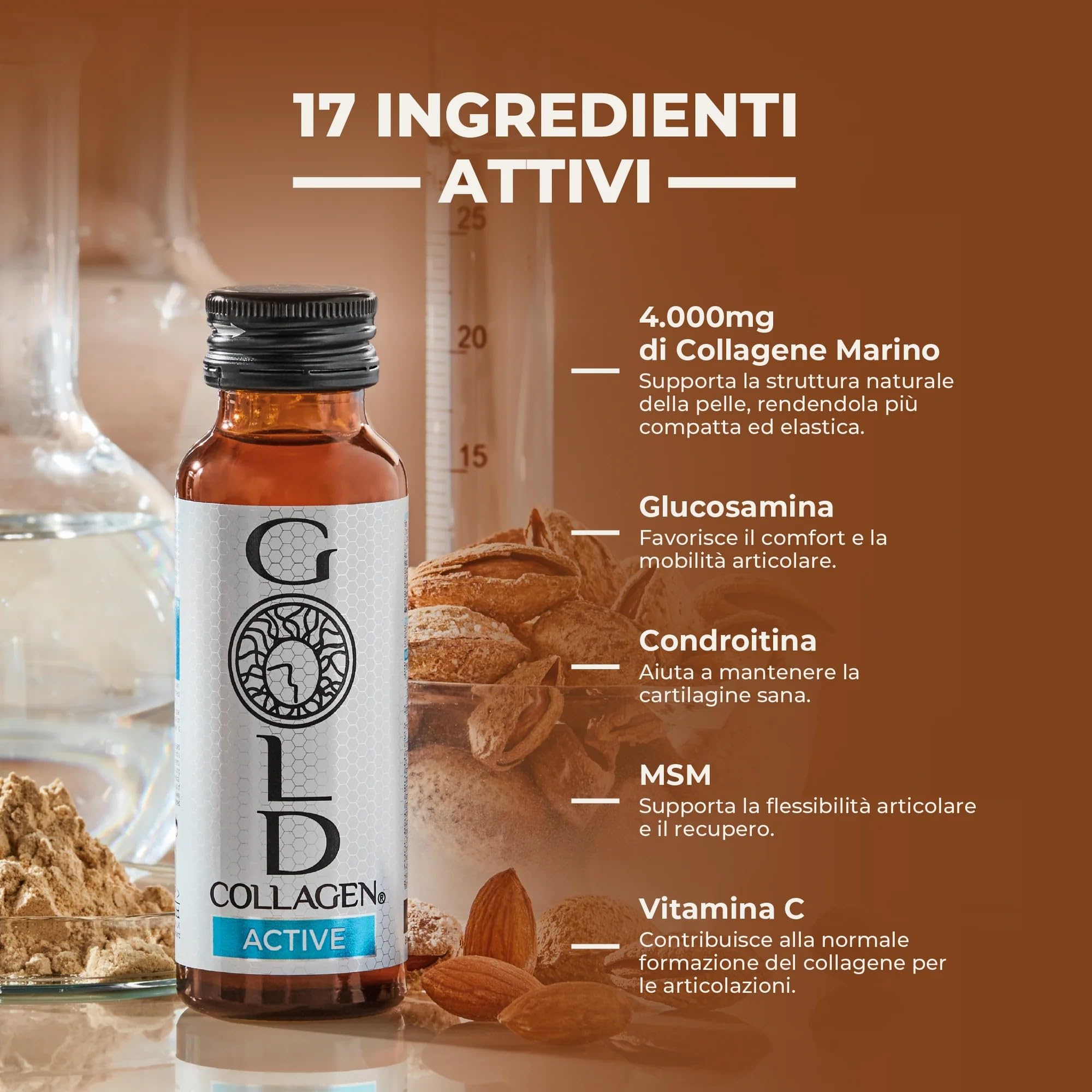 GOLD COLLAGEN Active - Collagene Integratore Liquido con Vitamina C e Glucosamina, Integratore Articolazioni al Collagene Bovino con Acido Ialuronico per Capelli Ossa Pelle, 30 Flaconi da 50 ml