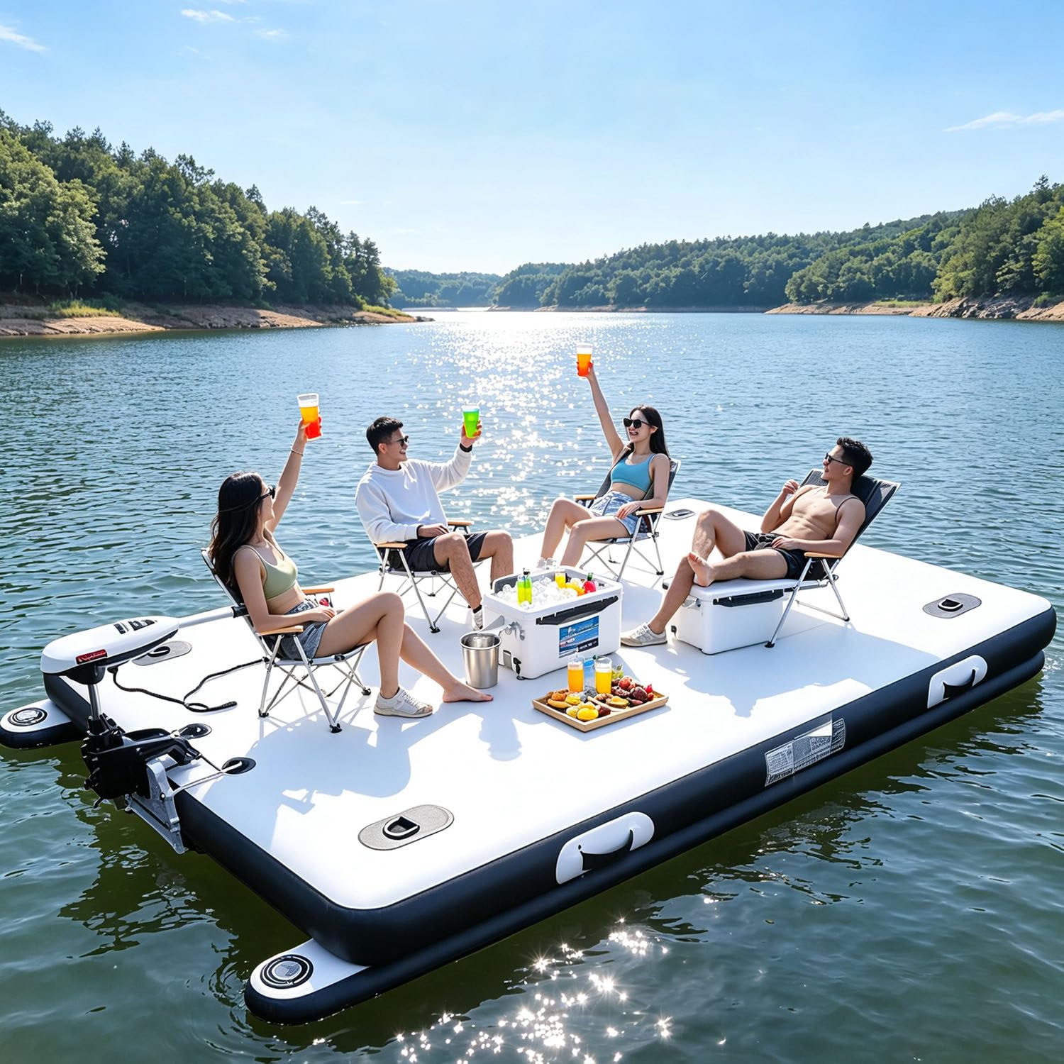Aufblasbares Schlauchboot Plattform 2M/2,5M,Angeldock 200/400 kg 12vmotor-2.5M | Aufblasbare Schwimminsel PVC Rutschfest,Motorhalterung,2 Bodenpontons,Pumpe,für See,Pool,Meer