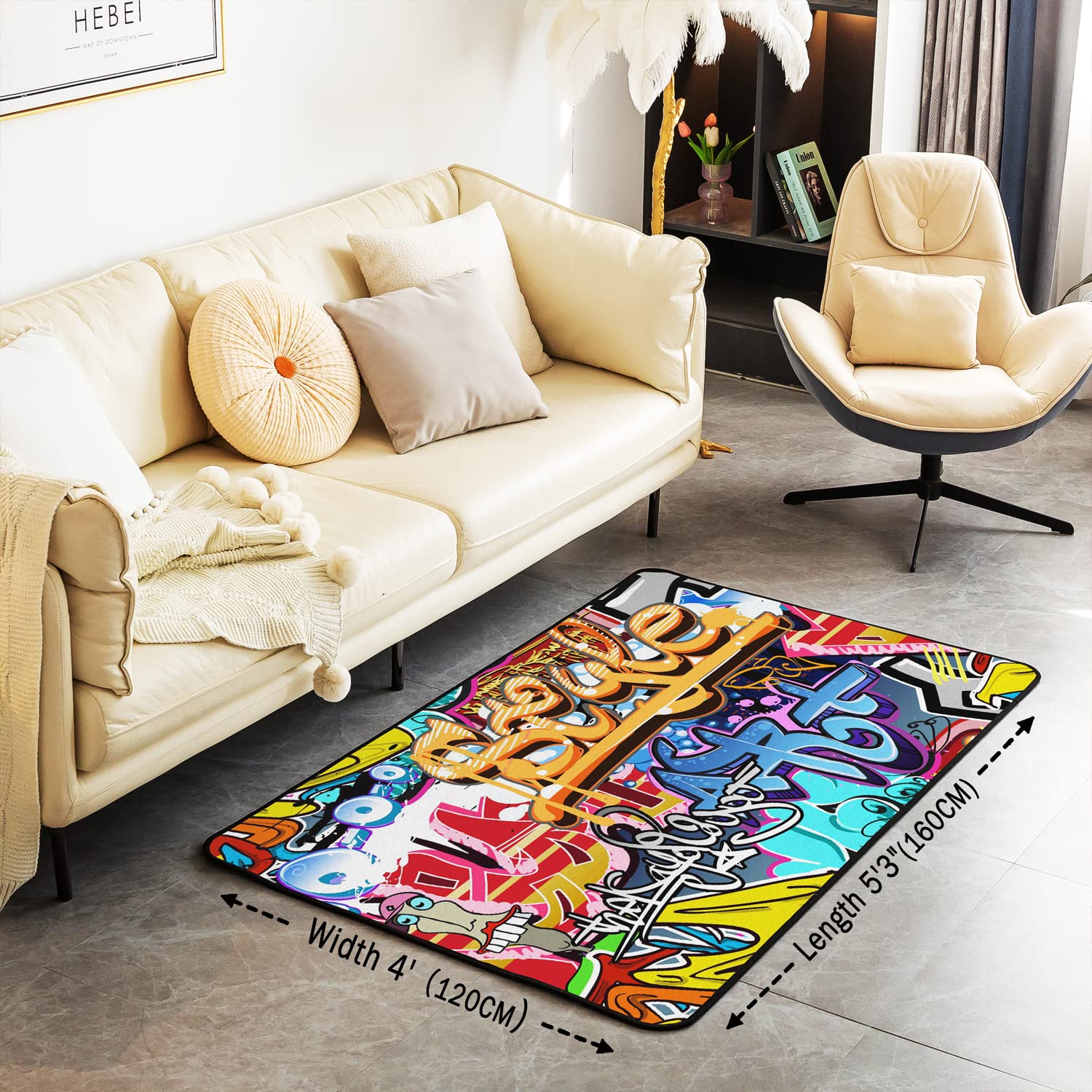 Loussiesd Hippie Graffiti Style Decorative Carpet Area Rug Hip Hop Decor Living Room Rugs for Decor Graffiti Graphic Accent Rug Set Microfiber Non Slip Area Runner Rug 100 * 150cm - Image 3