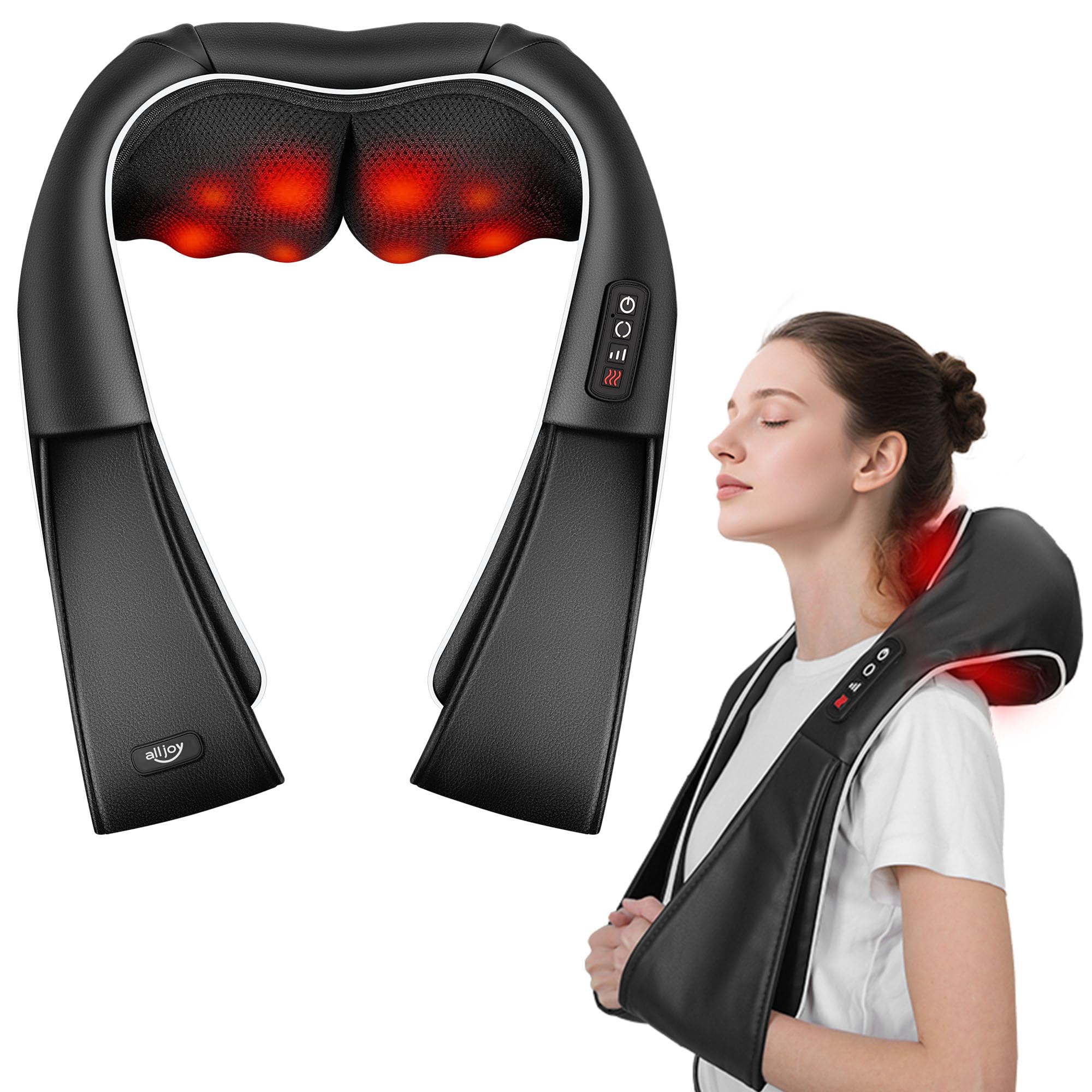 Masajeador Shiatsu de espalda y cuello con calor, almohada eléctrica ALLJOY de tejido profundo 3D, para aliviar el dolor de cuello, uso cómodo en la oficina en casa, idea de regalo para papá, mamá