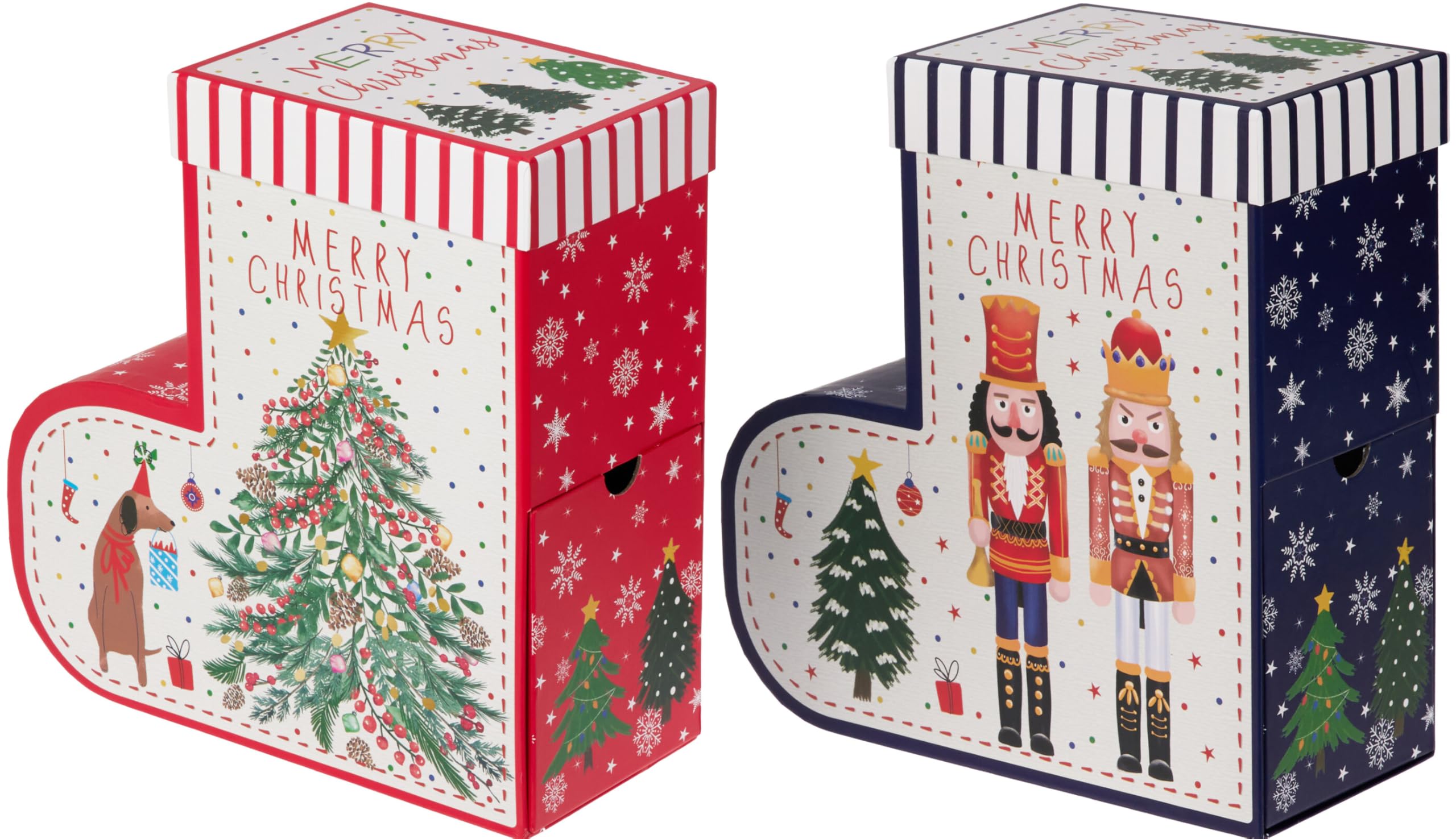 Muddy Hands Decorative Stocking Shaped Boxes with Lids – Merry Xmas Holiday Storage Boxes for Presents, Candy, and Décor – Festive Red & Blue Nutcracker and Tree Designs (Set of 2)