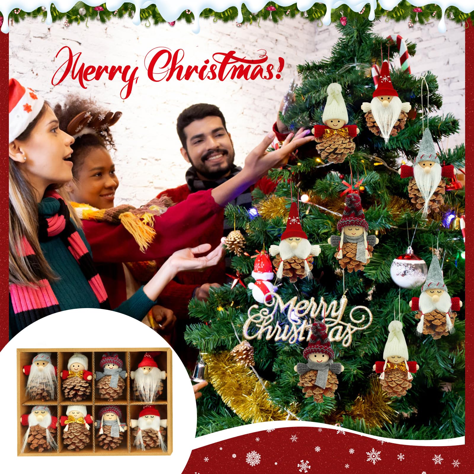 Lot De 8 Lutins Pour Sapin De Noël - Pommes De Pin - Mini Décoration De Noël - Petits Lutins Pour Sapin