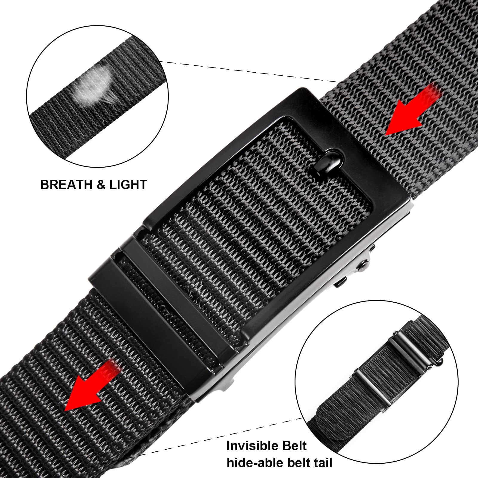 VCOOTS Men's Golf Web Belt Ratchet Belt Nylon Tactical Gun Belt Automatic Slide Buckle, Invisible Belt (01,125)
