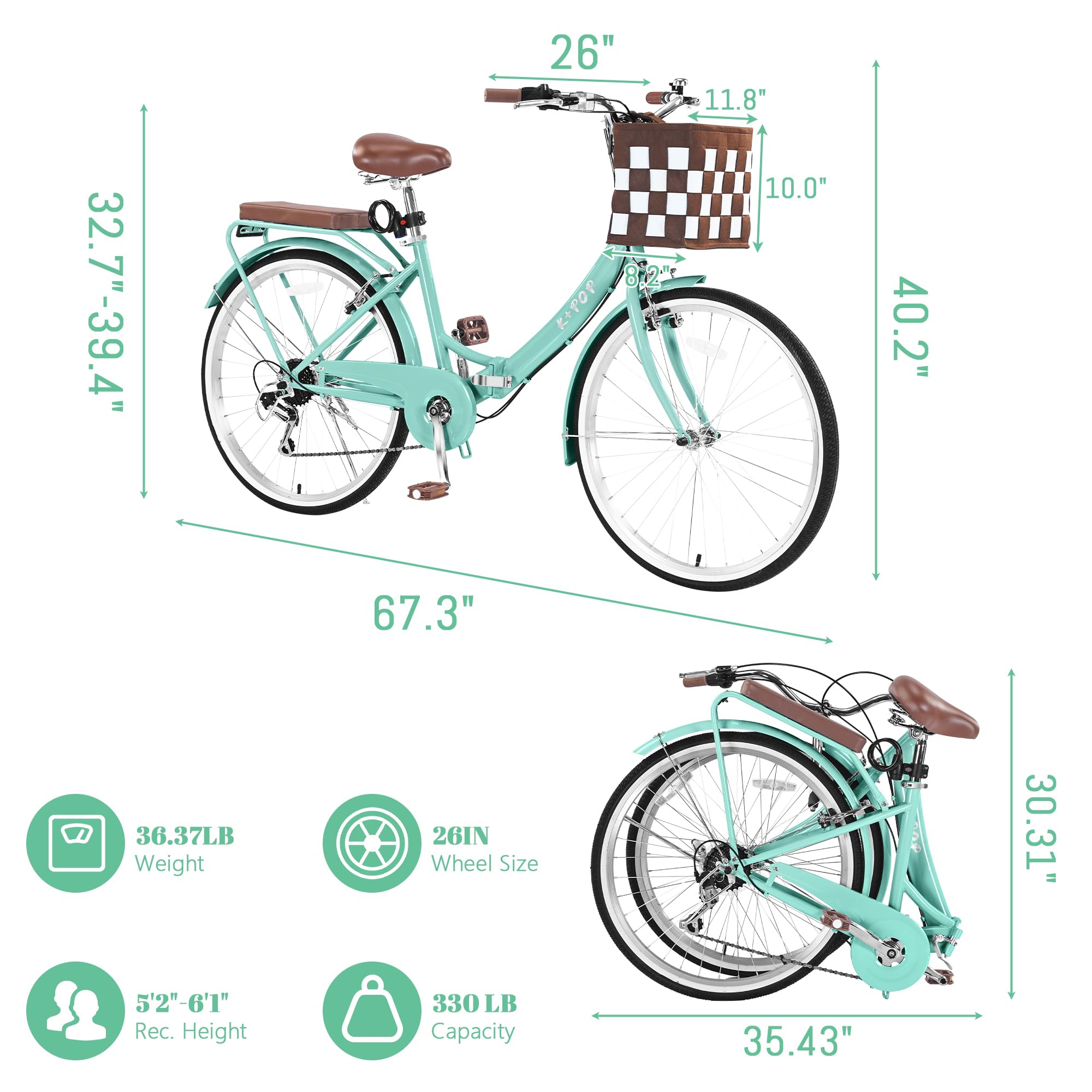Foldable Beach Cruiser Bike for Women, 26 Inch Womens Bike with Basket, 7 Speed Commute Bike Adult Bicycles for Women, High-Carbon Steel/Front & Rear Fenders