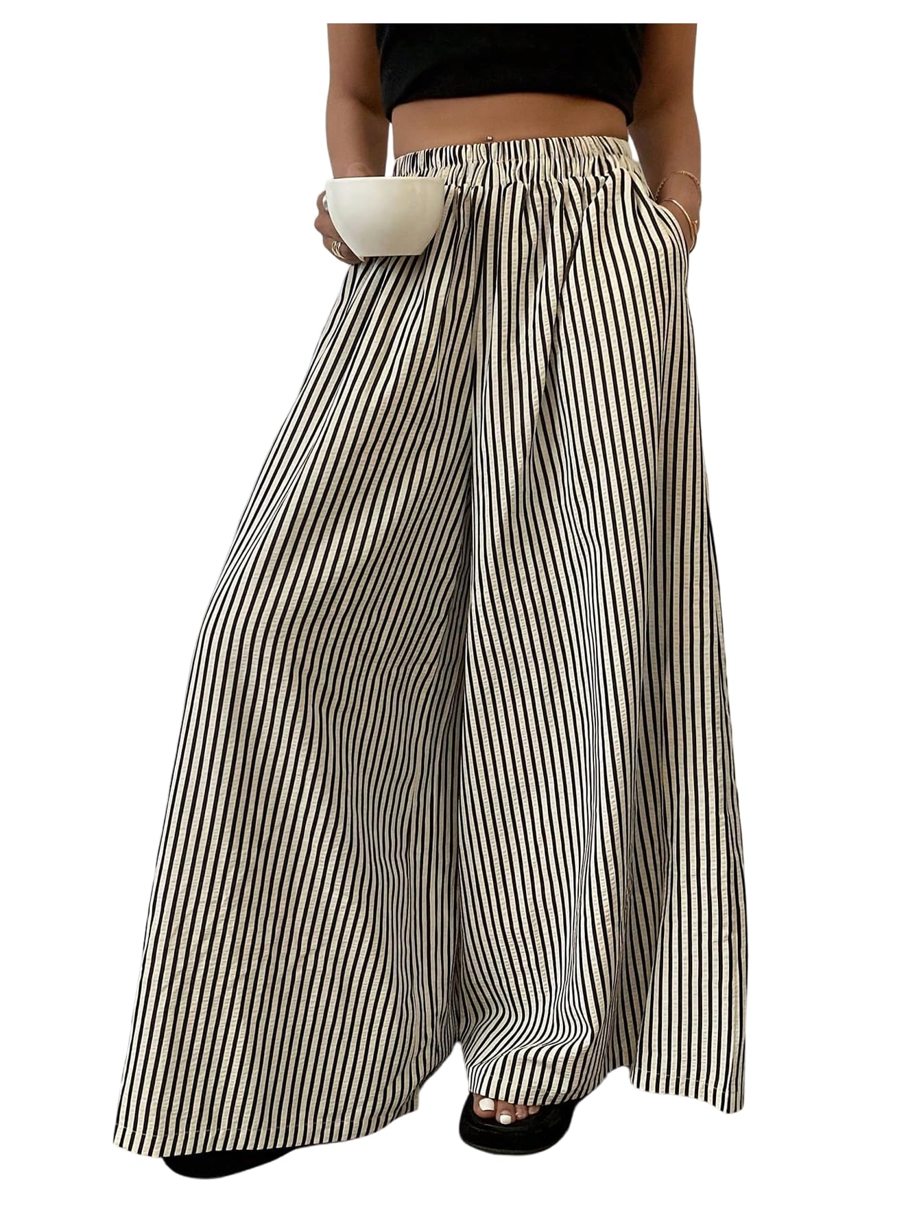 Womens Striped Wide Leg Pants Elastic Waist Baggy Palazzo Trousers with Pockets Going Out Outfits