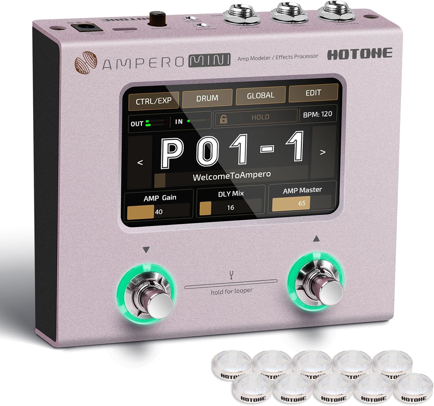 HOTONE Multi Effects Processor Pedal Guitar Bass Amp Modeling IR Cabinets Simulation Multi LanguageStereo OTG USB Audio Interface Ampero Mini MP-50 (Include 10 PCS Additional Footswitch Toppers)