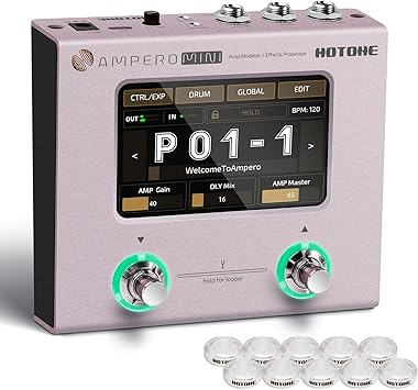 HOTONE Multi Effects Processor Pedal Guitar Bass Amp Modeling IR Cabinets Simulation Multi LanguageStereo OTG USB Audio Interface Ampero Mini MP-50 Include 10 PCS Additional Footswitch Toppers