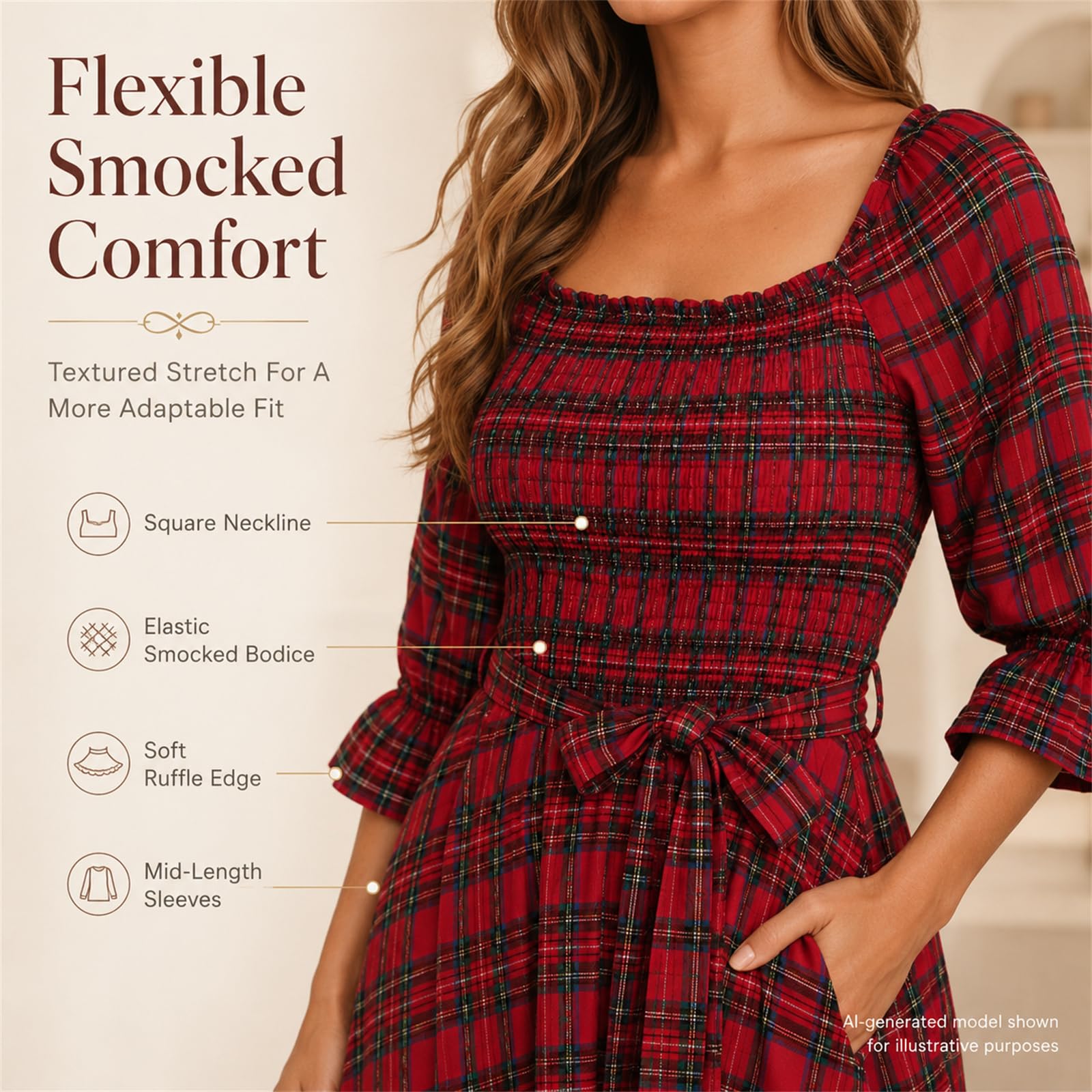 Robe midi Femme à Encolure carrée, smockée Ceinture Coupe trapèze et Poches | Robe midi trapèze à carreaux rouges, encolure carrée, smocks, ceinture à nouer poches latérales, manches bouffantes à volants