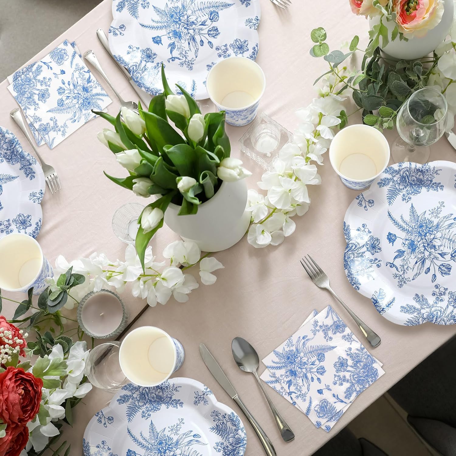 250 Pcs Blue Floral Disposable Plates and Napkins Blue and White Floral Paper Tableware Set for 50 Guests Paper Plates Napkins Cups for Wedding Bridal Shower Party Supplies