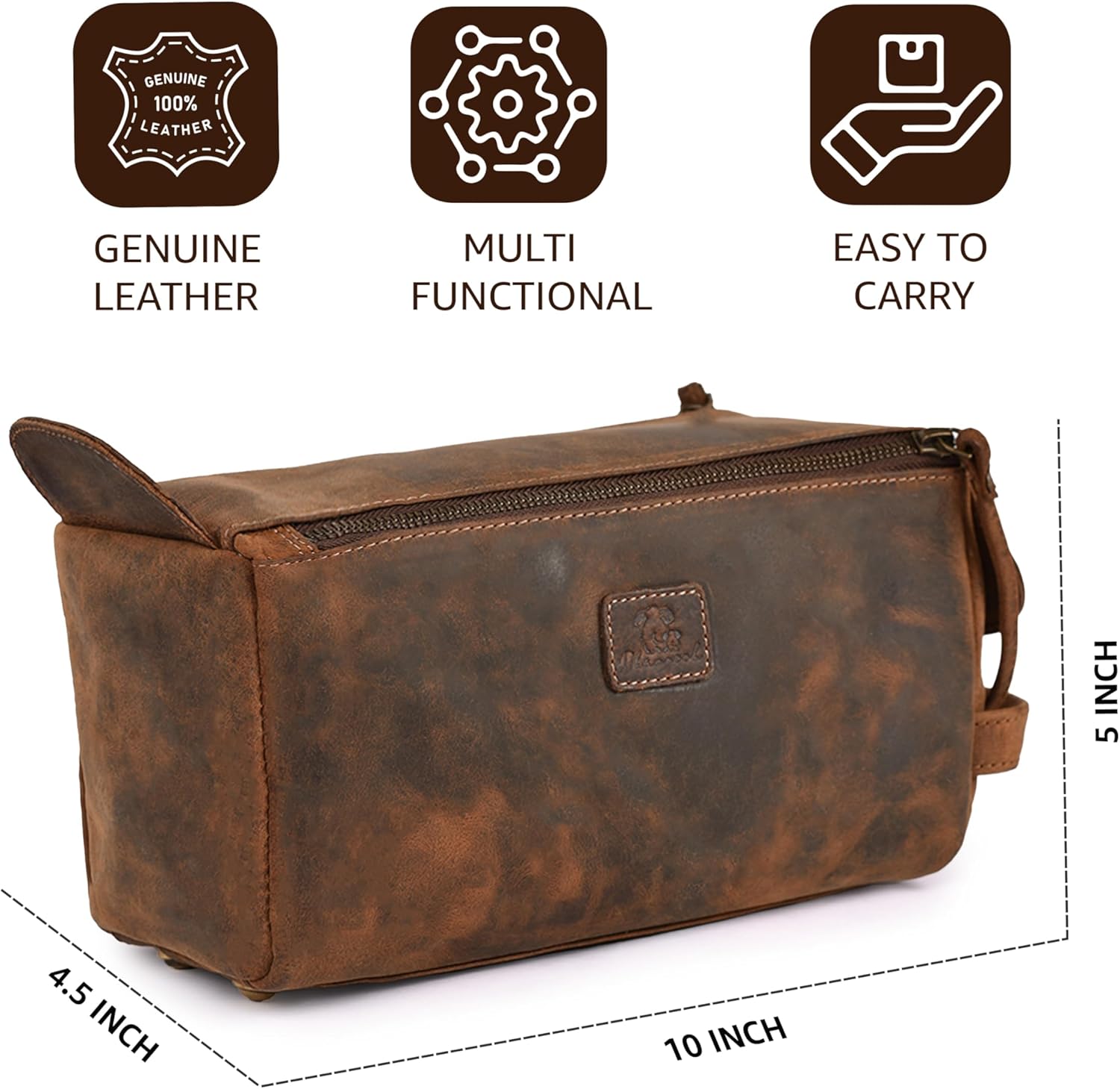 Genuine Leather Travel Toiletry Bag for Men & Women – Premium Water-Resistant Large Dopp Kit, Shaving Organizer & Compact Bathroom Essentials Case – Distressed Brown