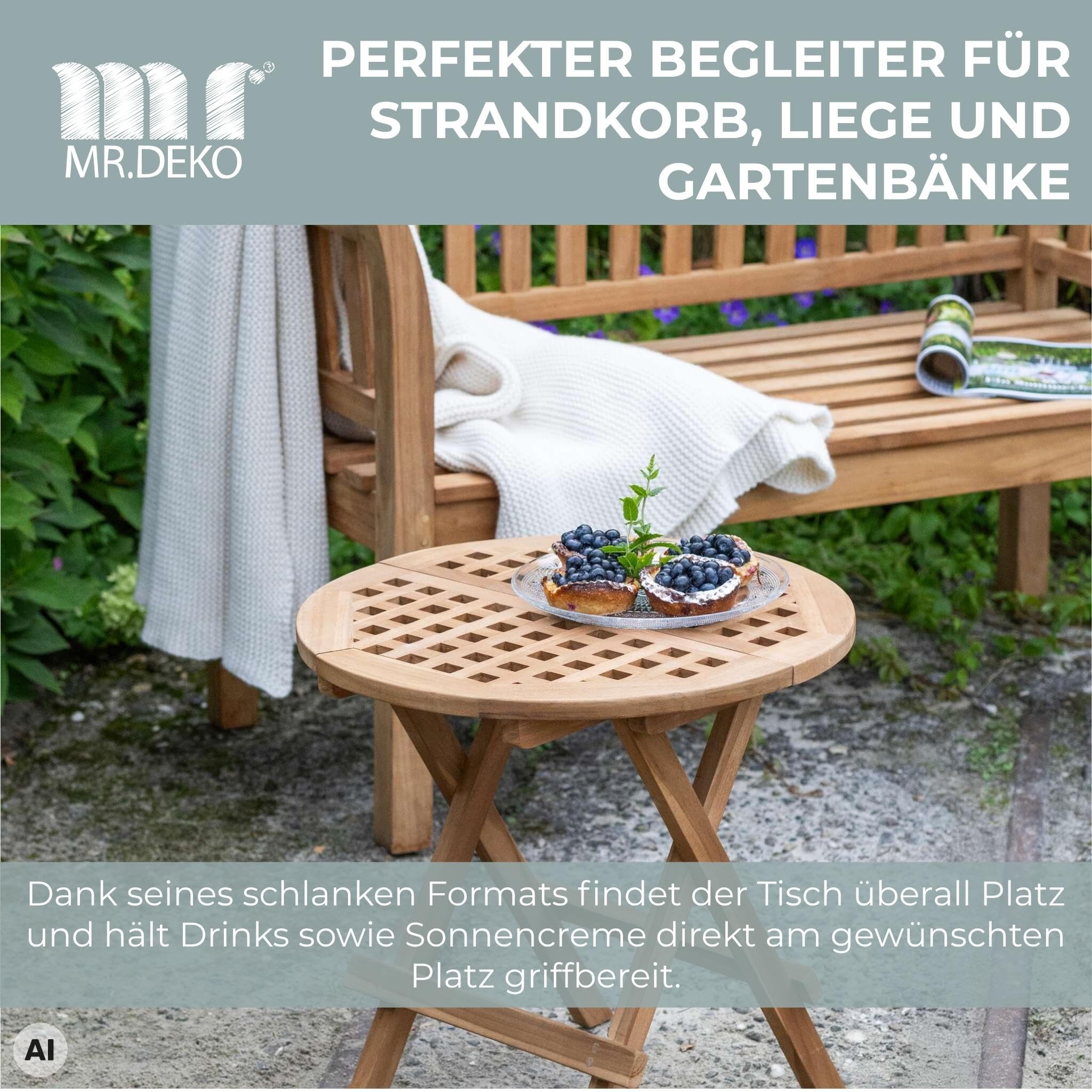 MR. DEKO Beistelltisch klappbar Teak Dorset Ø50cm Holztisch
