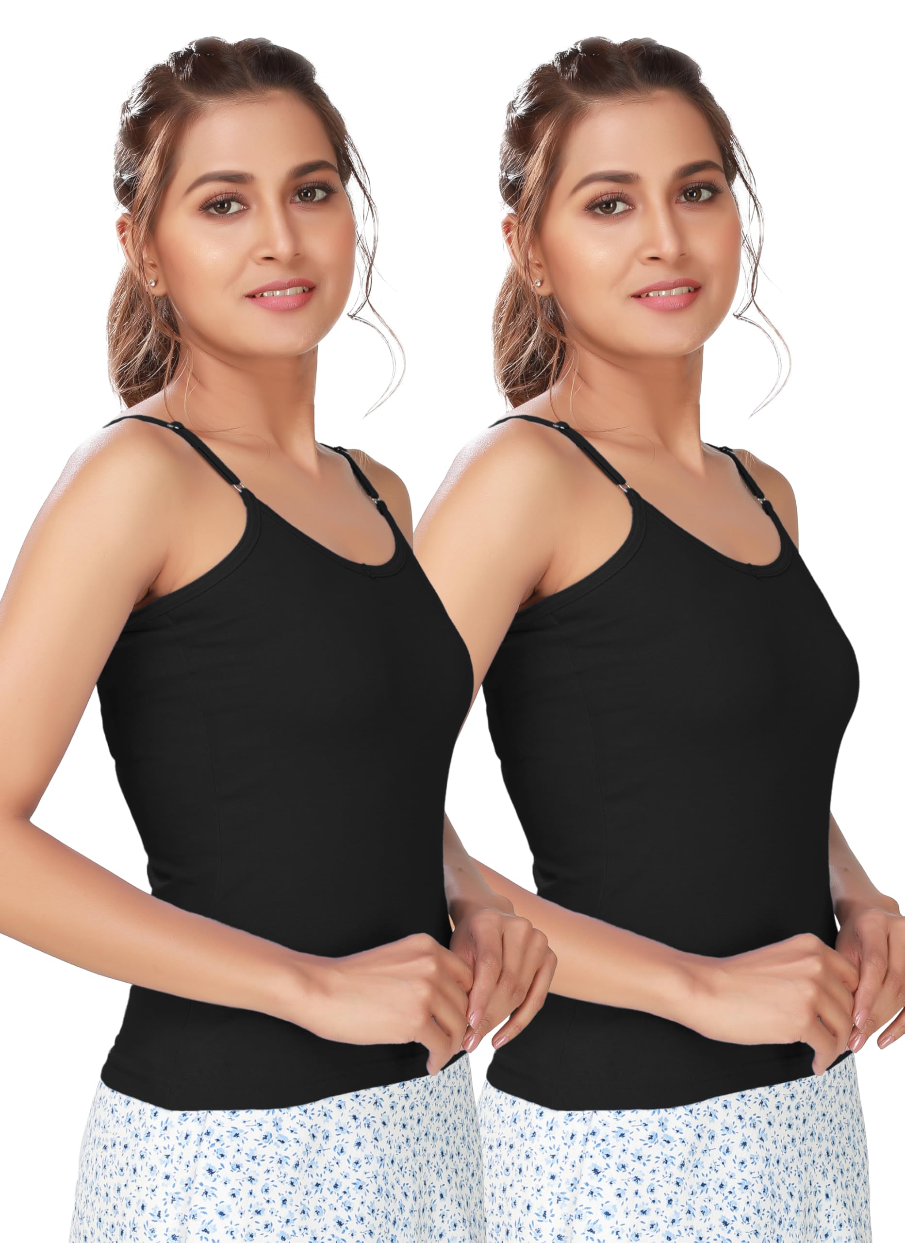 Women Cotton Camisole Slip Adjustable Straps Combed Fabric Breathable Moisture Wicking Stretch Fit Innerwear Seamless Layering Tank Top Kurtis Dresses Office Casual Beige Black Combo Pack of 2-image-20