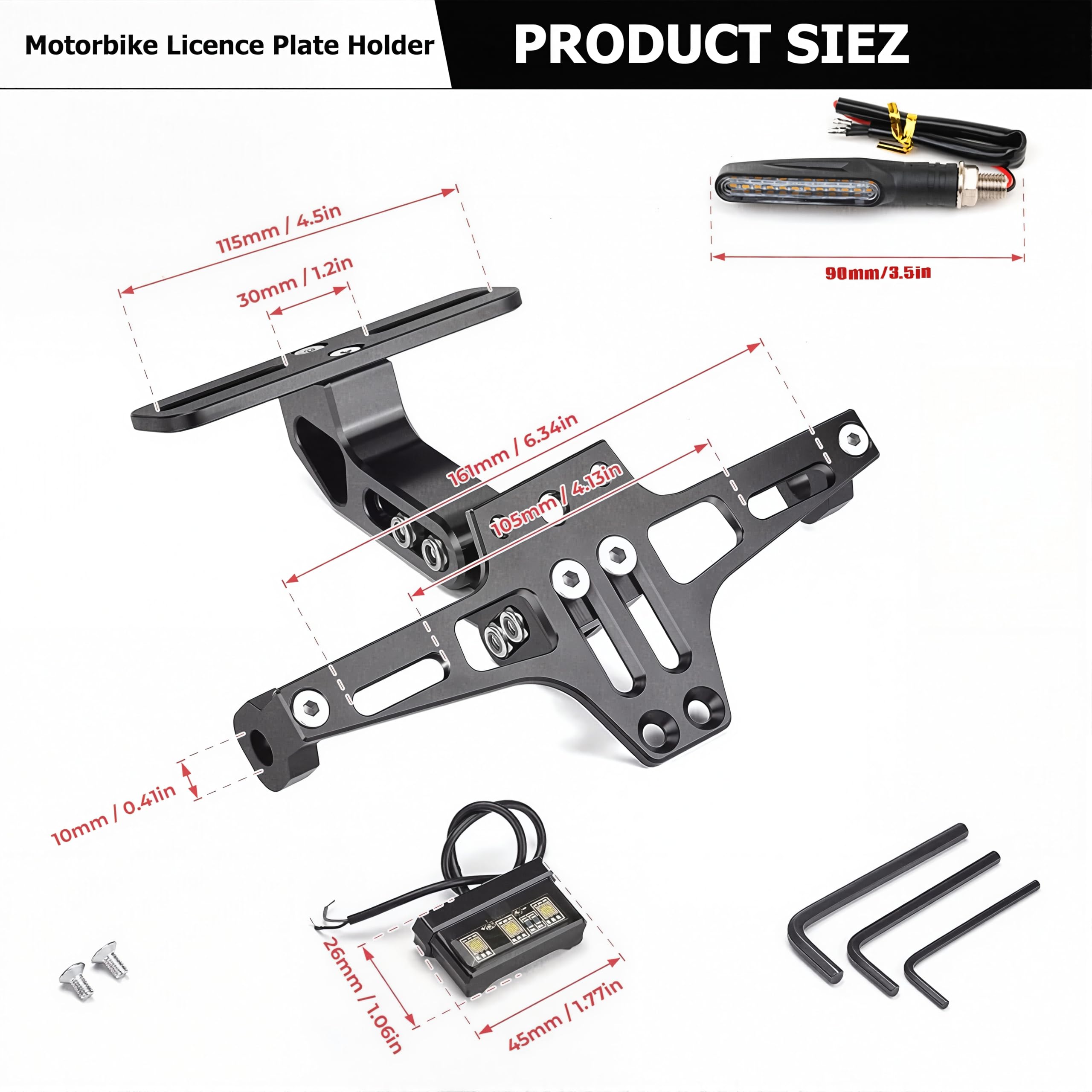 Support de Plaque d'immatriculation pour Motos avec éclairage LED Rotatif à Gauche et à Droite. Support de Plaque d'immatriculation réglable en Aluminium pour la Plupart des modèles de Moto (Noir)