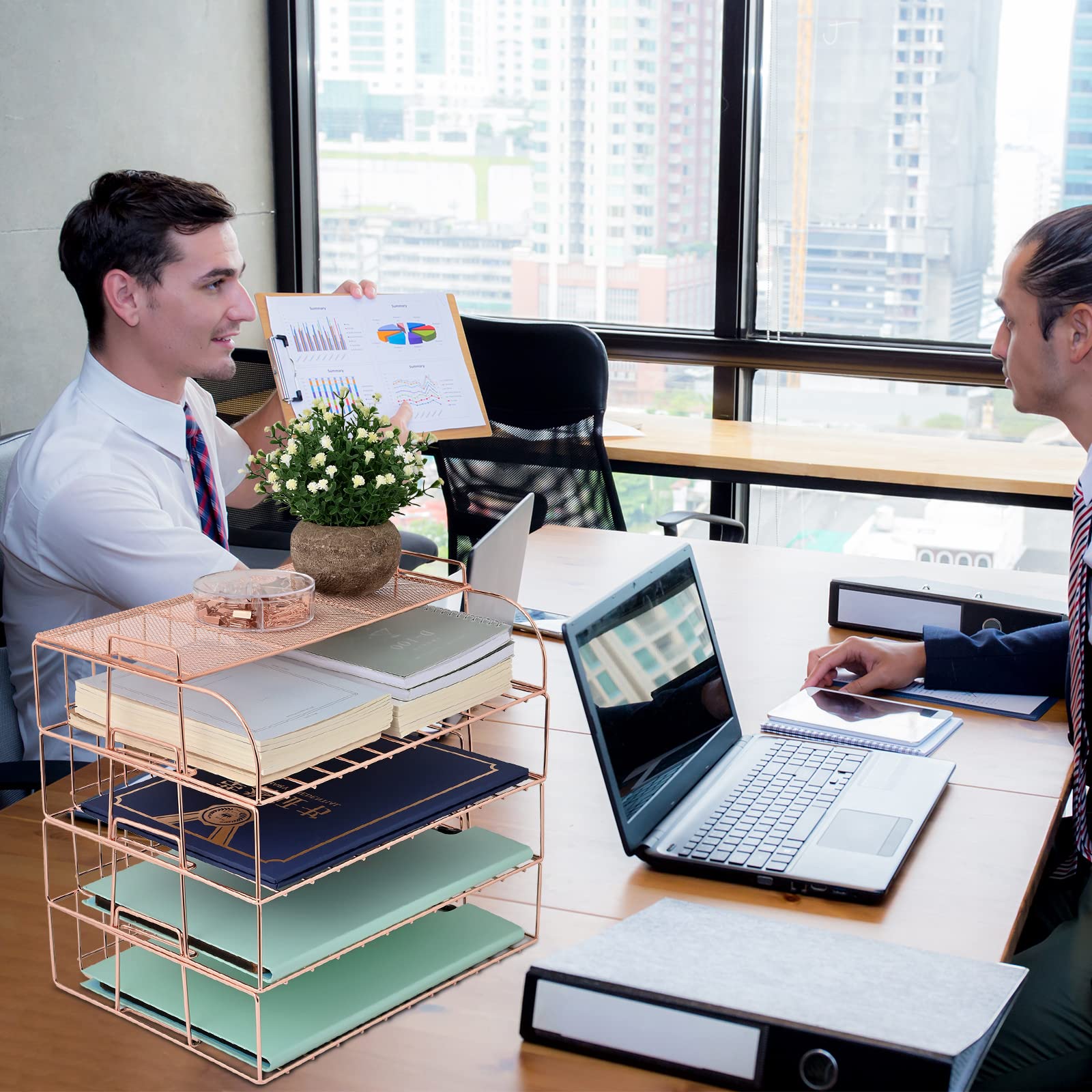 Brievenbakje met 4 niveaus, stapelbaar, metaal, 30 x 24,5 x 5 cm, gouden mesh-design, bureau-organizer, kantoor voor thuis, school en kantoor