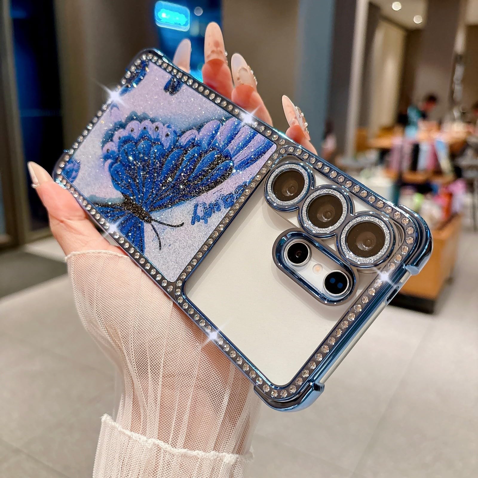 Generic Funda compatible con Samsung Galaxy S26 Ultra (patrón: mariposa azul), funda con purpurina de silicona dura para lente de cámara
