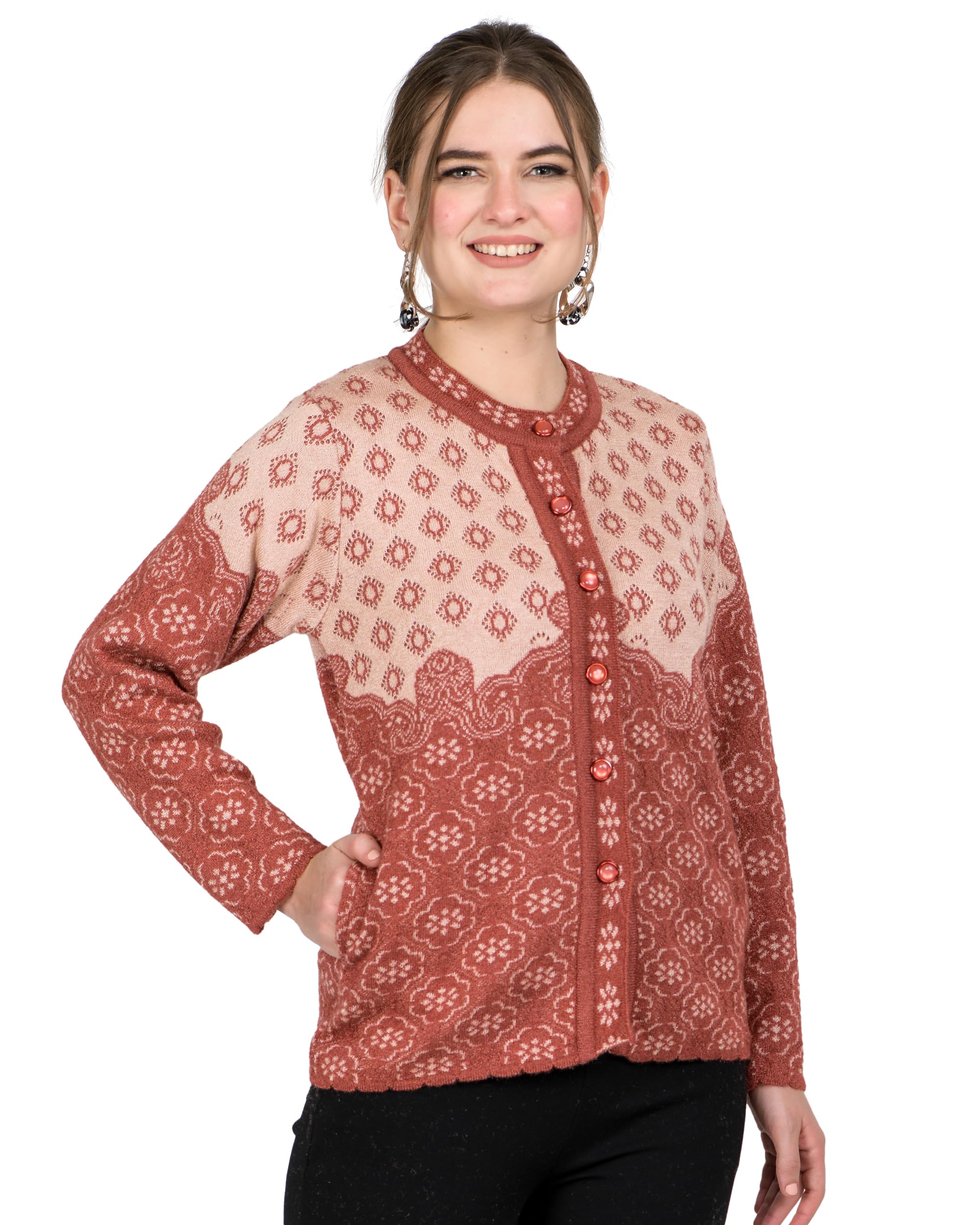 Lady Willington Women Woolen Round Neck Self Design Heavy Daffodil Fabric Printed Cardigan Winter Wear Pure Wool Cardigan for Women Free Size Long Cotty Warm Cardigan Free Sizes-image-6
