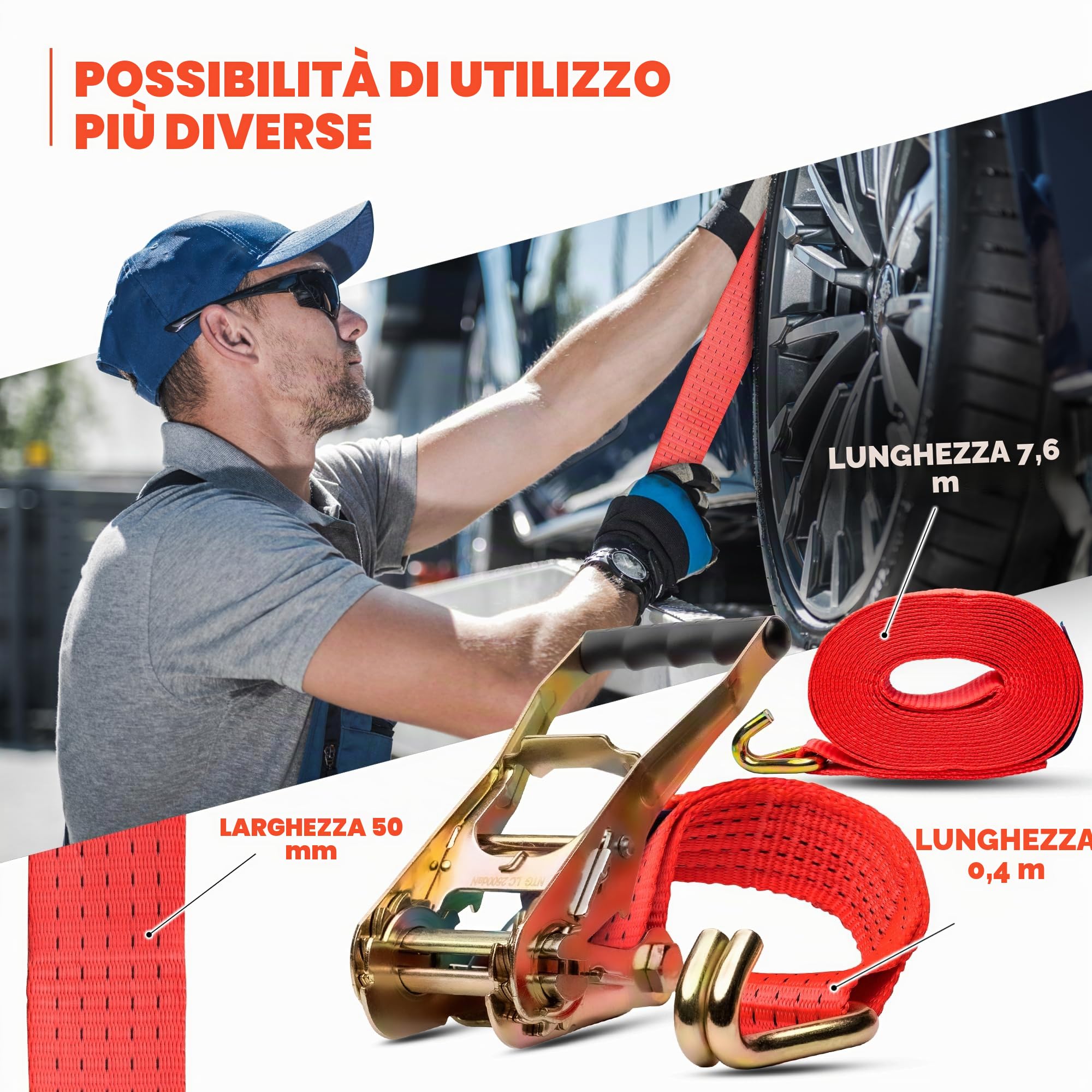 SET DI 10 CINGHIE DI FISSAGGIO CON CREMAGLIERA NTG 8 m – Robusto set di cinghie di fissaggio per camion, rimorchi e furgoni – 5.000 kg LC, larghezza 50 mm – Cinghia di fissaggio certificata TÜV/GS