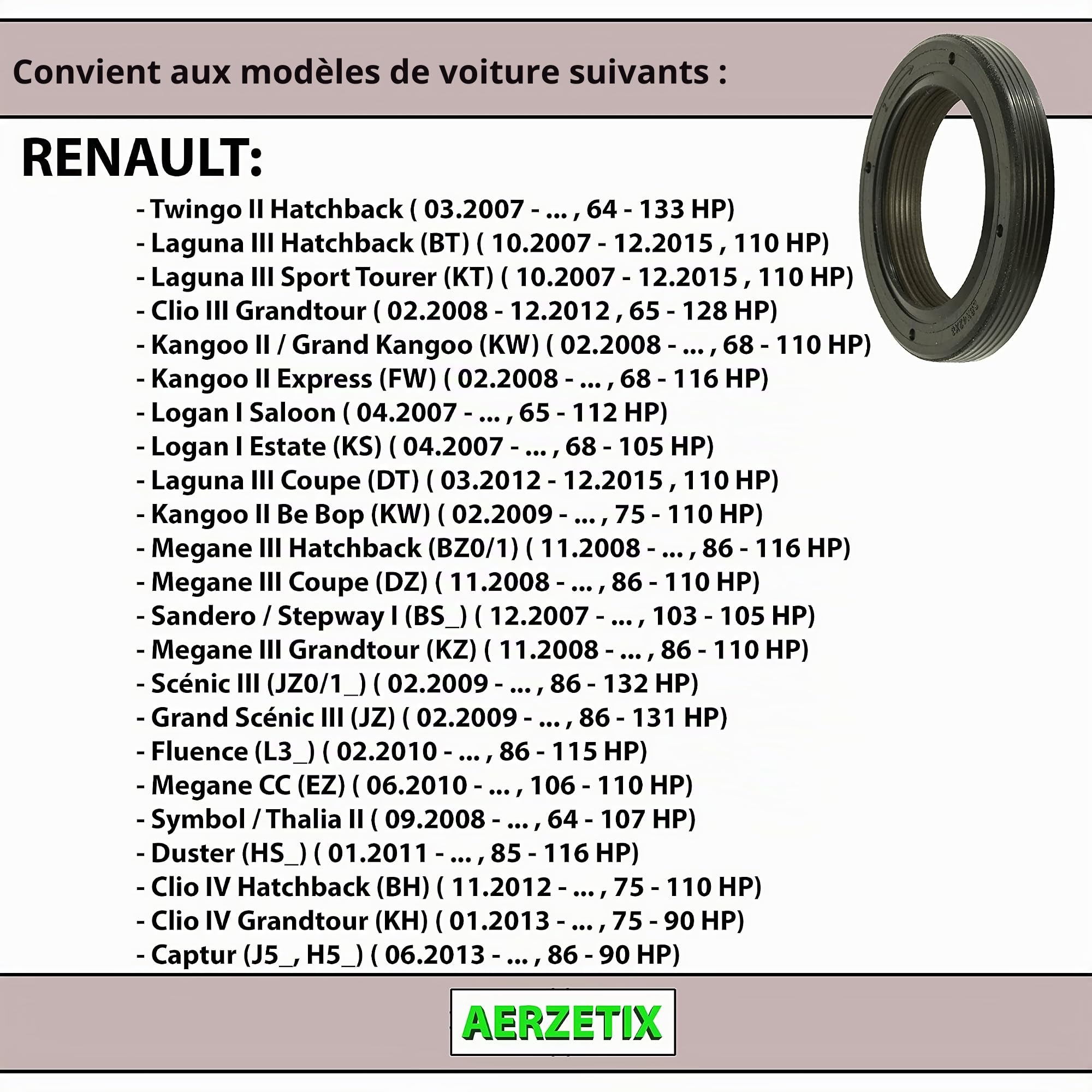 AERZETIX - C66157 - Joint SPI d'arbre à cames - côté de montage: frontal - compatible avec 7701471376, 7701474149, 6079970446, 1300100QAC
