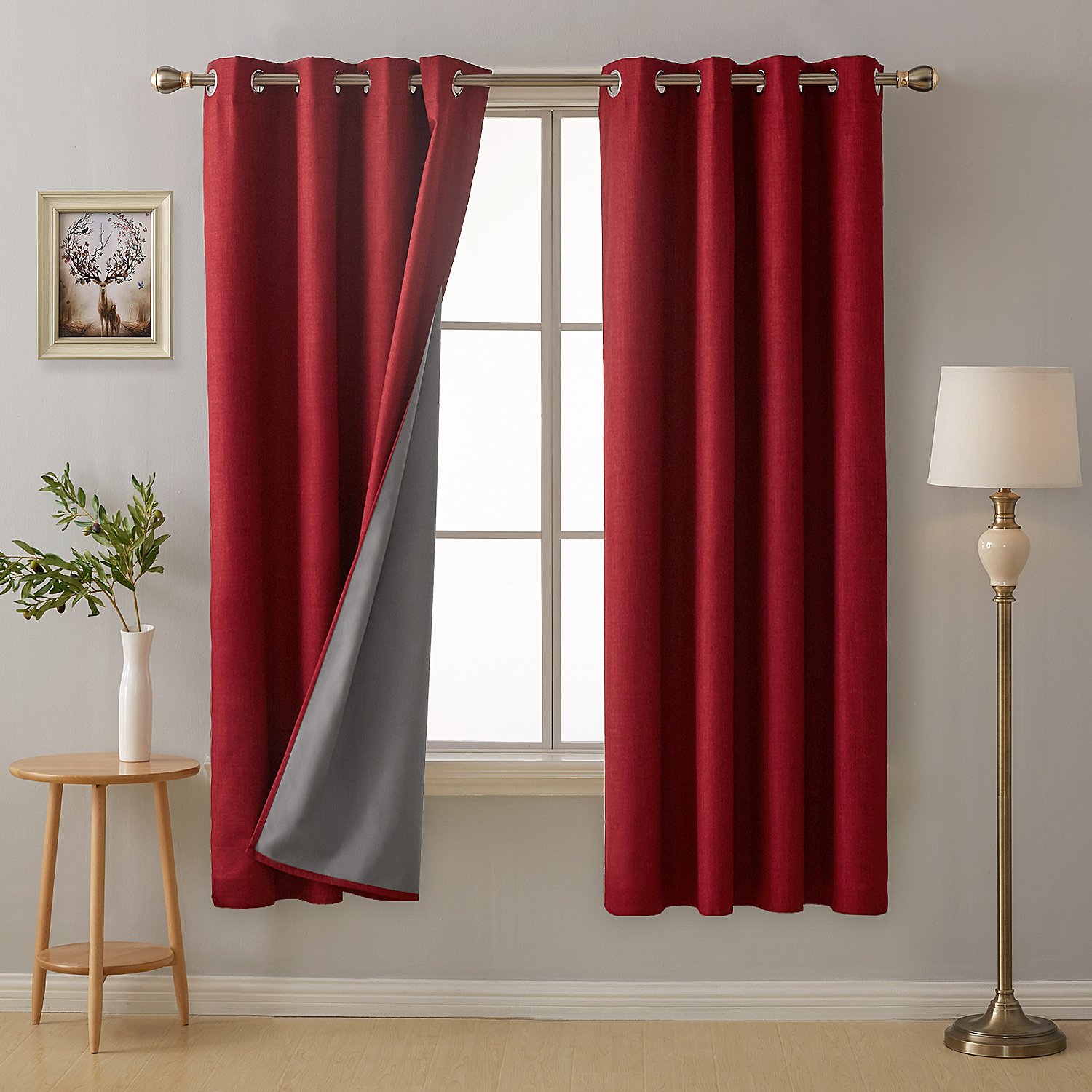 Deconovo 100% Blackout Curtains Faux Linen Thermal Insulated Eyelet Curtains for Christmas Living Room Bedroom with Energy Saving Coating Red W46 x L72 One Pair