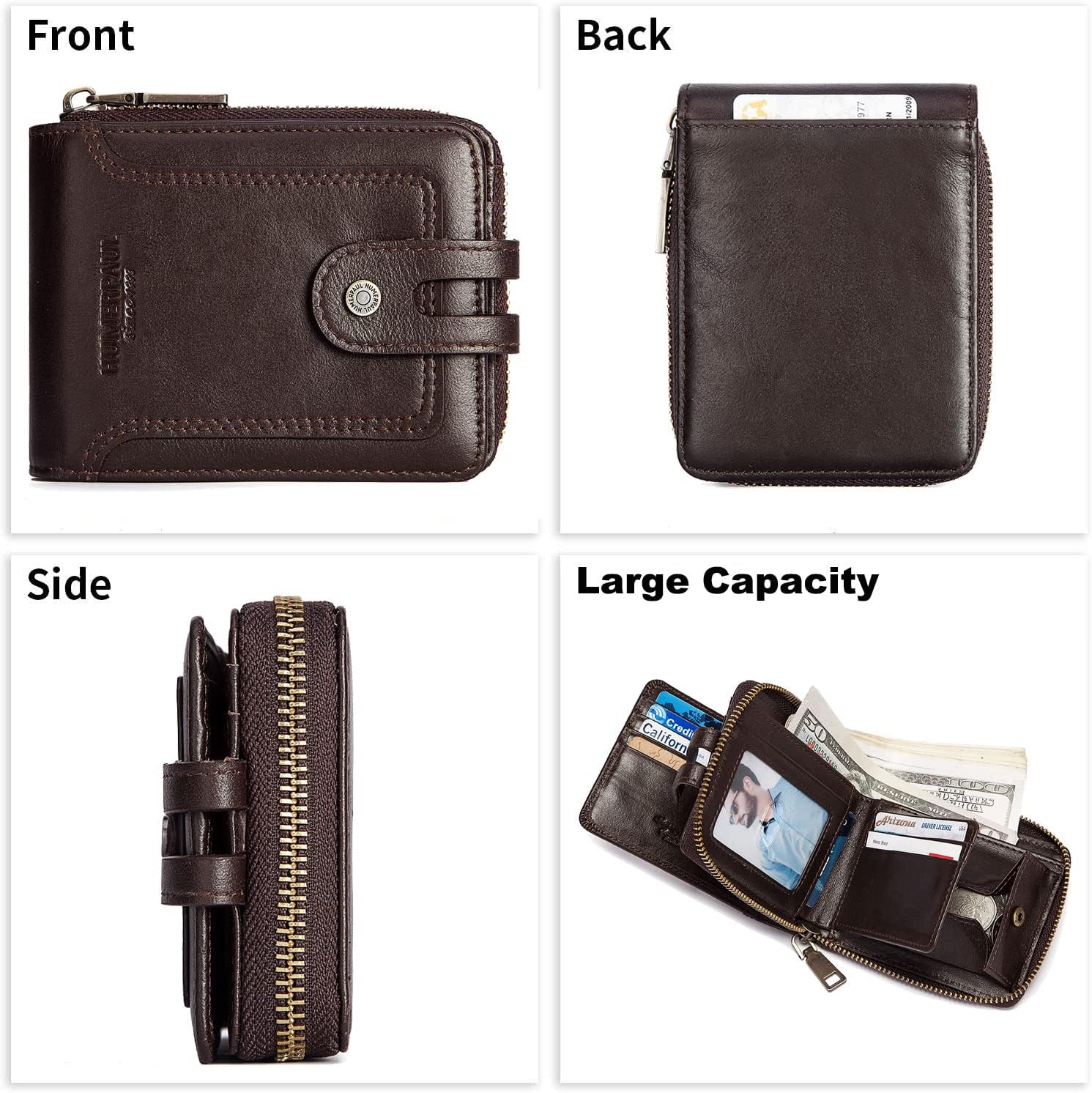 gzcz Zipper Wallet For Men Genuine Leather RFID Blocking Bifold Wallet for ID Window, Zip Coin Pocket and Credit Card Holders Large Capacity (Coffee) - Image 2