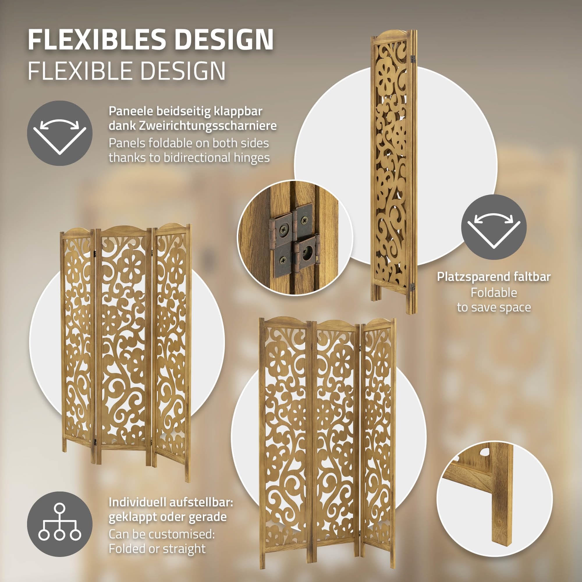 ML-Design Paravent Intérieur Yokohama, Naturel, 172x121 cm, en Bois, à 3 Panneaux Pliables, Cloison de Séparation Décorative Séparateur de Pièce Diviseur Écran d'Intimité Vestiare Protection Visuelle