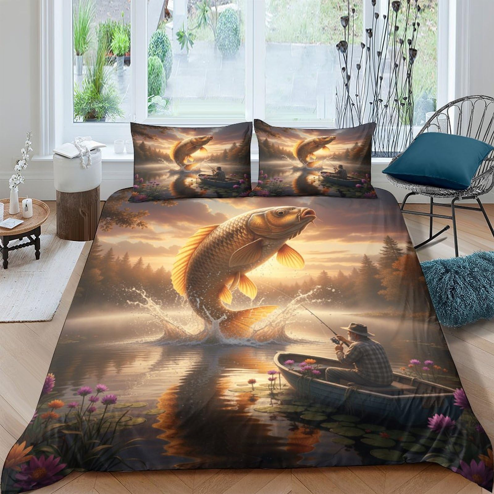 Ctjqhvkz Style-8 3D Printed Golden Jumping Fish Fitted Sheet Microfiber Soft Lake Fisherman Mattress Cover For Bedroom Home Decor Single（135X200cm）