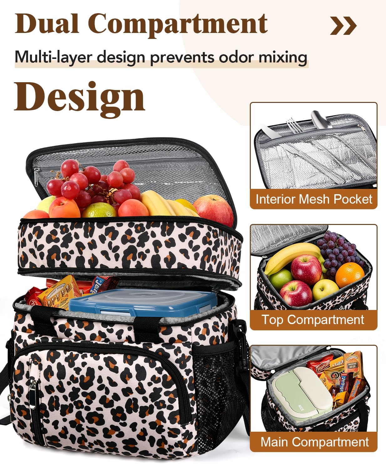 Insulated Lunch Bag for Women, Double Leakproof Lunch Box Soft Cooler Tote with 5 Pockets, 600D Oxford, EVA Lining, Adjustable Strap for Work, Picnic, Beach&Travel-Leopard Print - Image 3