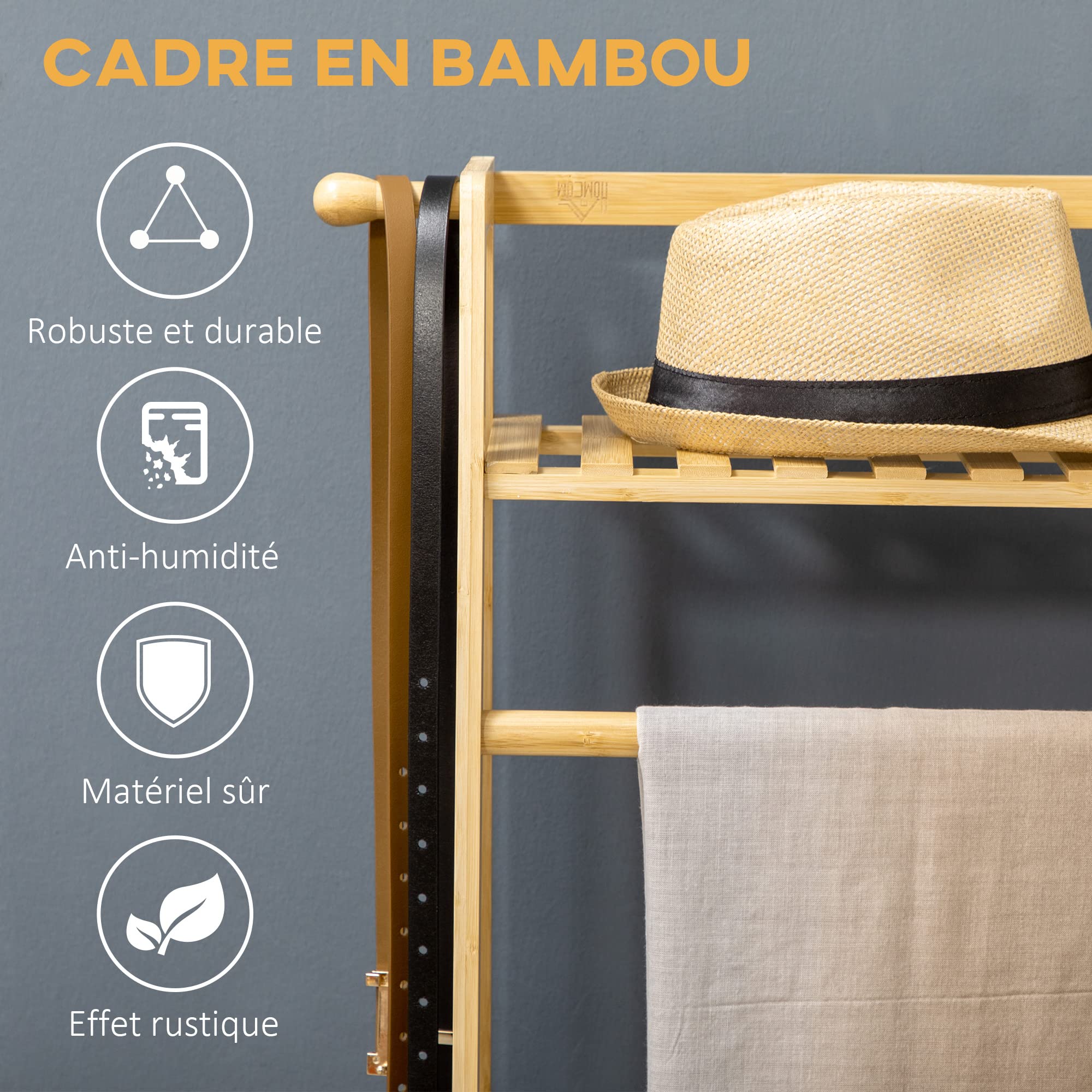 HOMCOM Portant à vêtements penderie porte-manteau avec 2 étagères 2 crochets et 1 barre de suspension en bambou - dim. 114L x 40l x 139H cm naturel