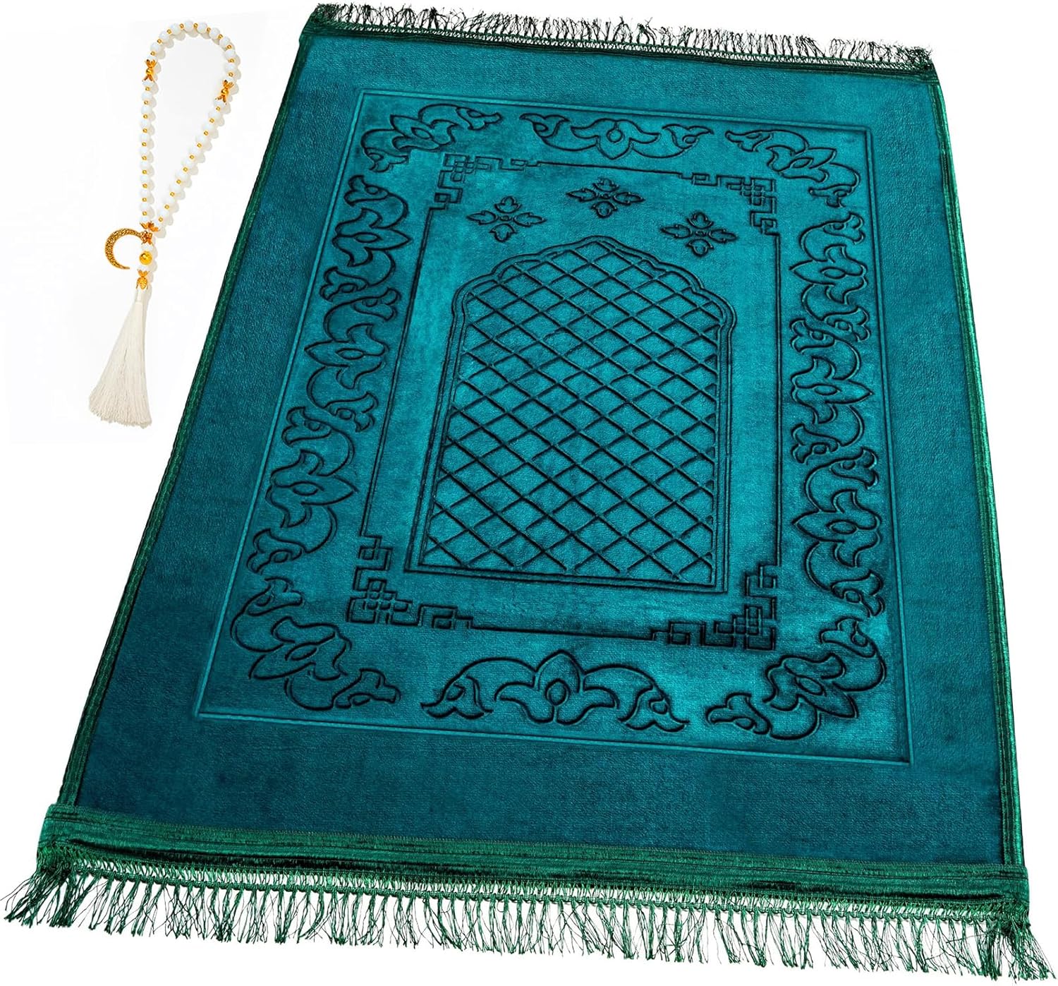 Muslim Prayer Rug with Tasbih Prayer Beads, Soft Large Prayer Matt Islam, Padded Islamic Prayer Mat Thick for Men and Women, Janamaz, Sajadah (Green)