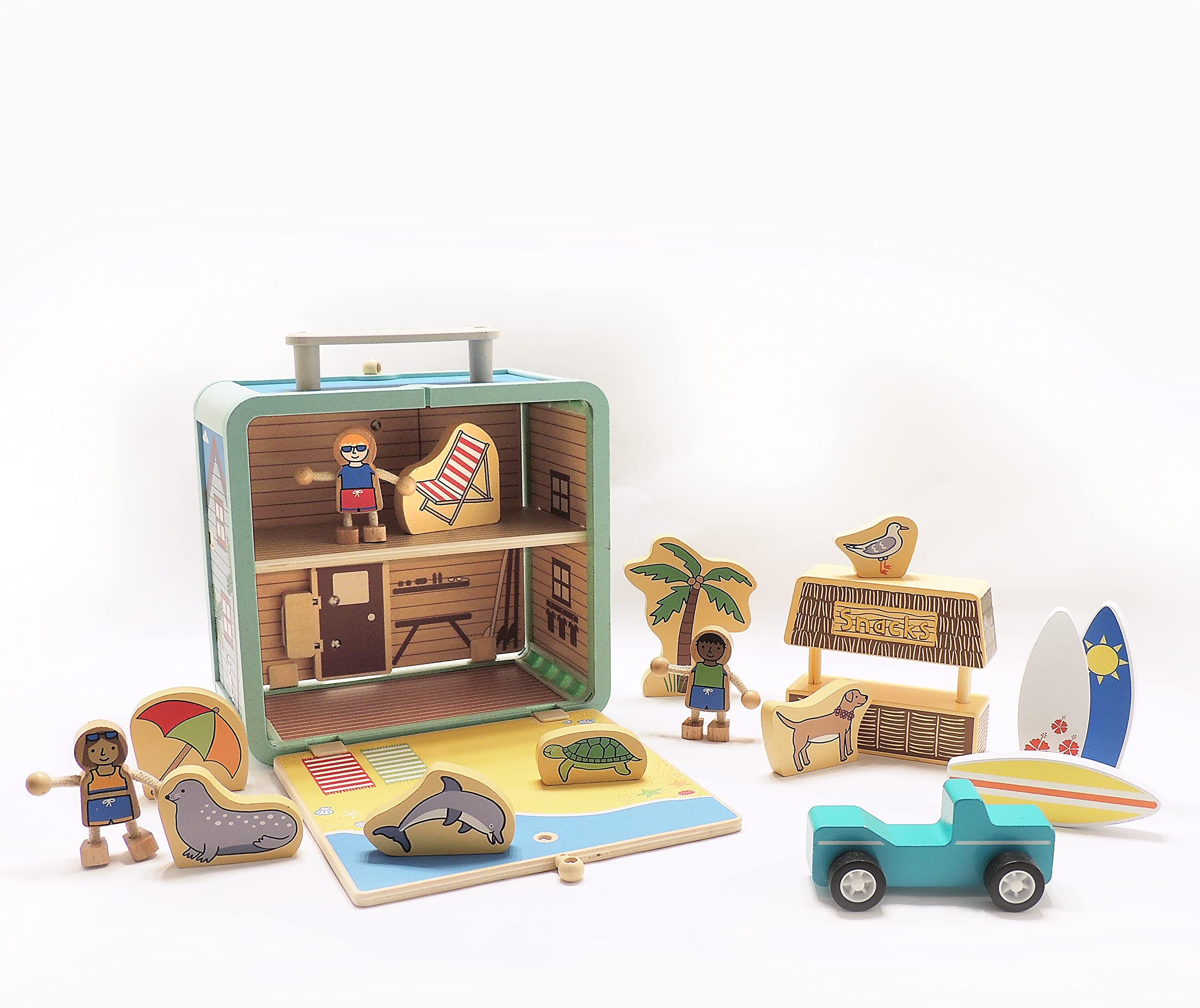 Jack Rabbit Creations Suitcase Playset (Surf Shack Design) – 17 Piece Set – Portable Play Toys – Includes Surf Kids, Surfboards, Snack Hut and Car – Made of Eco-Friendly Bamboo - Ages 3+ Years