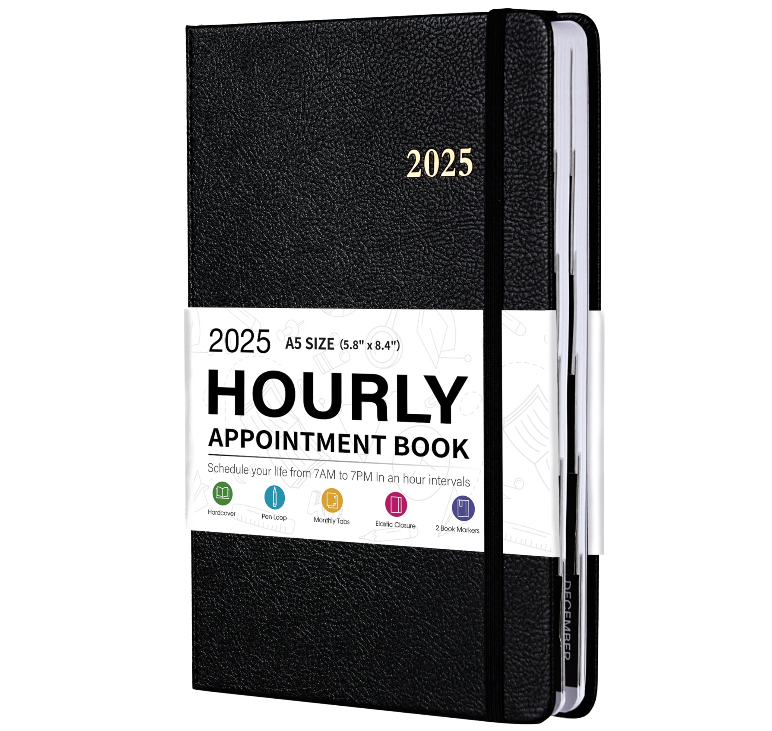 2025 Appointment Book Planner - Daily Hourly Planner, Jan.2025 - Dec.2025, A5(5.8" X 8.4"), 60-Minute Interval, Leather Cover, Pen Holder, Back Pocket