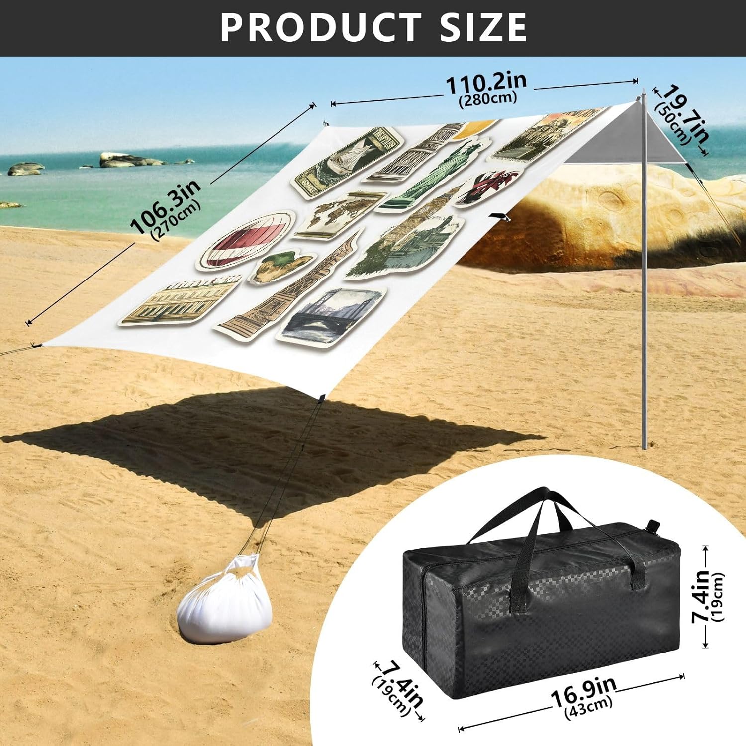 ALAZA Travel Postal Stickers Beach Tent Sun Shelter UPF50+ Protection Beach Shade Canopy w/ 4 Sandbags for Outdoor Camping, Fishing, Backyard Fun, Picnic, 10x9 ft