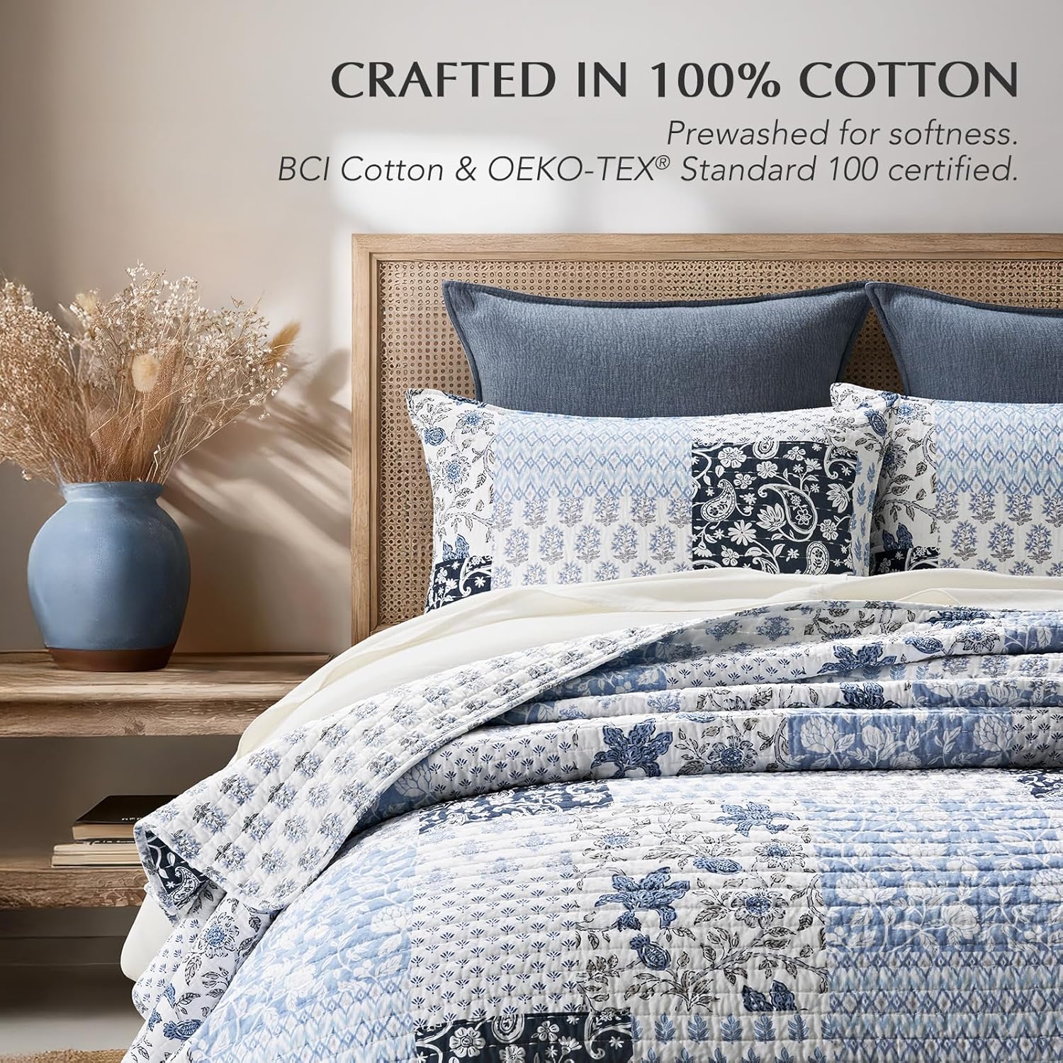 EverGrace Cotton Quilt Set Queen Size, 100% Cotton Reversible Lightweight Bedspread Coverlet, Farmhouse Patchwork Bedding, Traditional Block Print Quilt with 2 Pillow Shams, Coastal Blue 92"×96" | Patchwork Floral, 100% Cotton, Soft, Oeko-Tex Certified, Oversized, Reversible